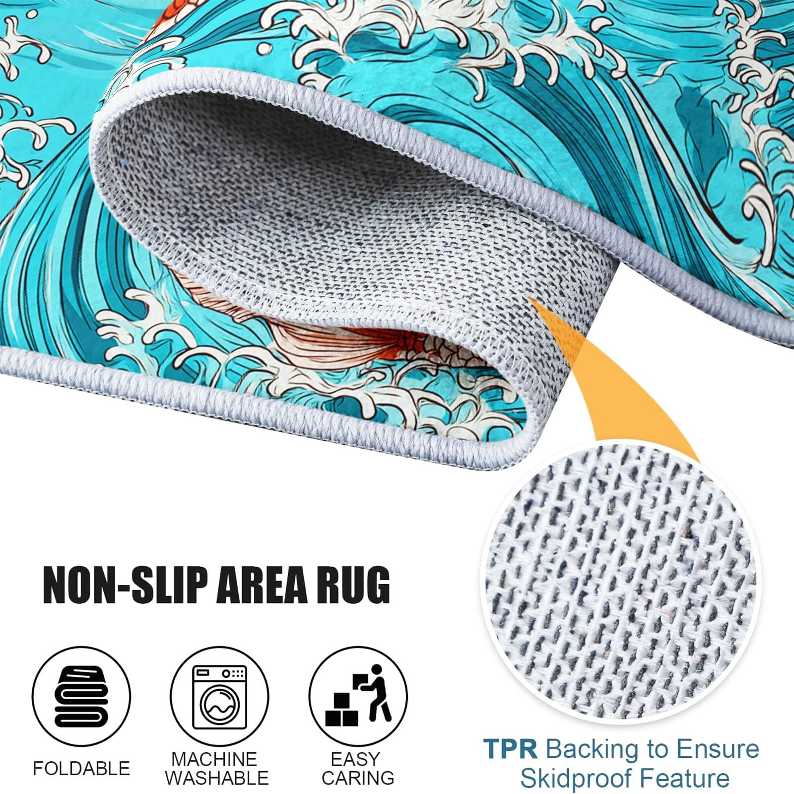 Generico Passatoia Ingresso Acqua Onde Animali Pesci, Tappeto Lungo Corridoio 80 x 120 cm - Tappeto Lavabile Stile Arte Giapponese Antiscivolo per Camera da Letto Cucina Ingresso