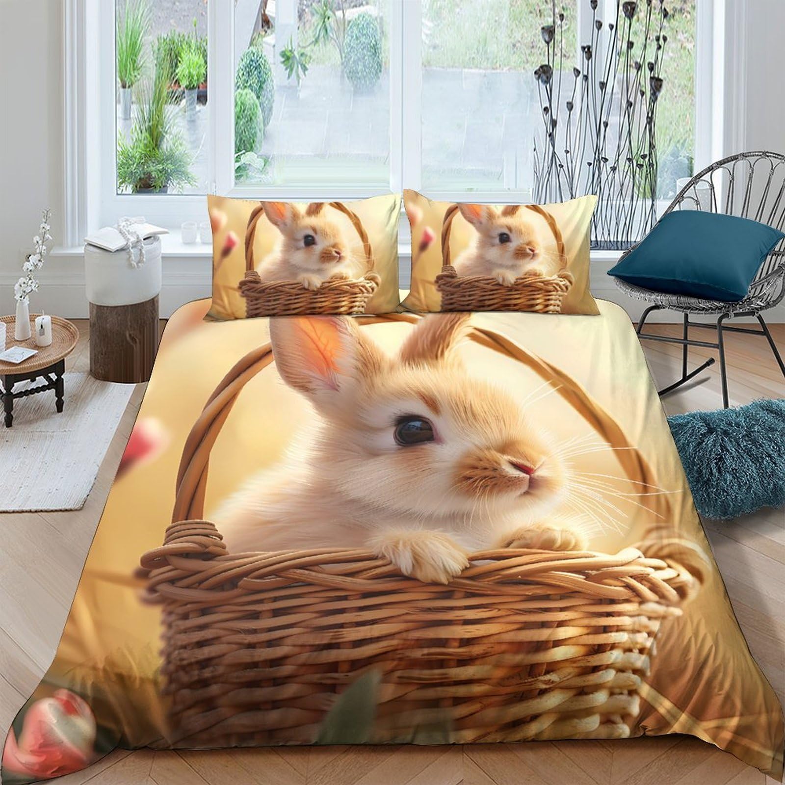GPLZQXKJNH 3D Printed Bunny Basket Duvet Cover Microfiber Soft Breathable Rabbit Bedding Set with 2 Pillowcases for Bedroom Decor, Single（135x200cm）