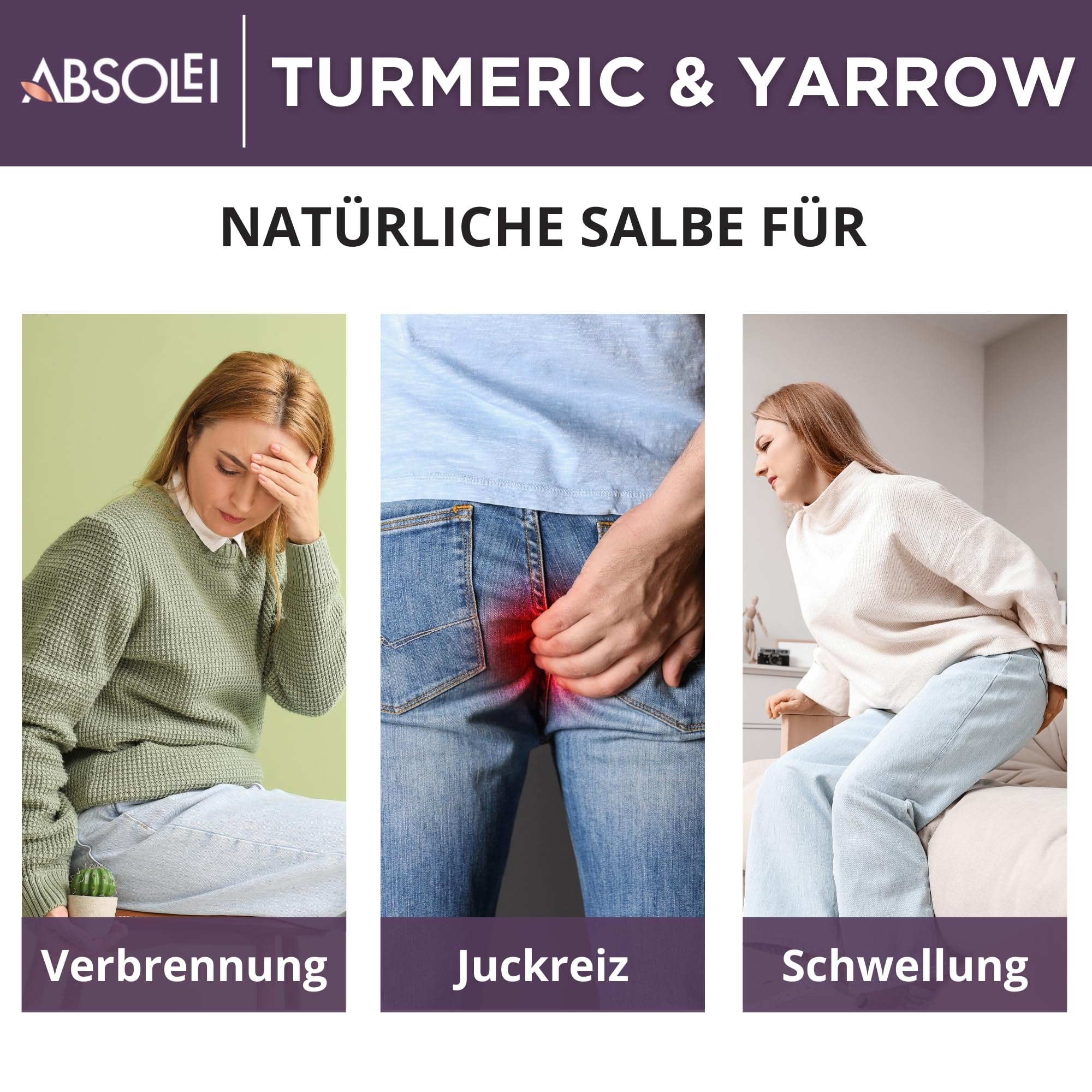 Hämorrhoiden Salbe, Natürliche Salbe gegen Brennen, Juckreiz und Beschwerden mit Weißer Schafgarbe, Sumach und Kurkuma, 40 ml (3er Pack)