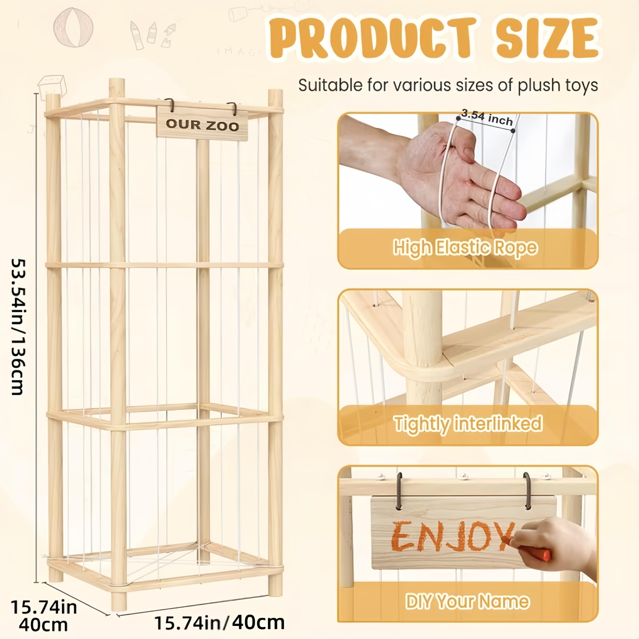 Estantería Organizadora de Peluches en Madera de Pino Natural - Almacenaje de Juguetes para Niños y Niñas 40x40x136 cm - Diseño Creativo Que Ahorra Espacio Ideal para Sala de Juegos