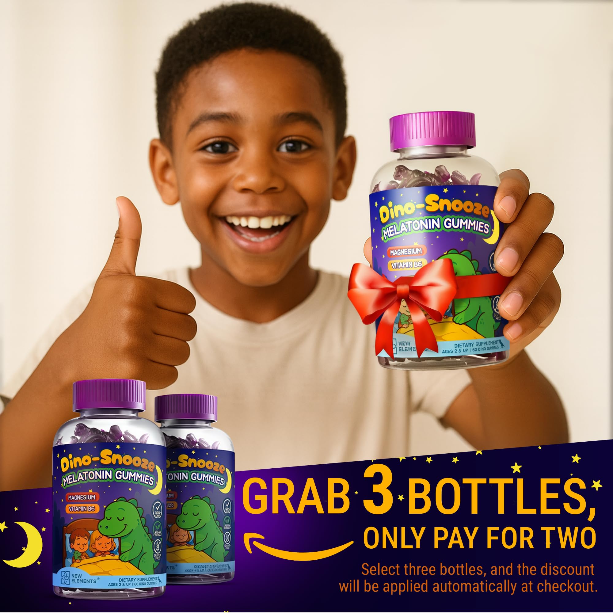 New Elements Melatonin Gummies Kids 2mg with Magnesium Glycinate & Vitamin B6 | Sleep Gummies for Kids | Dinosaur-Shaped Sleep Support | Natural Grape Flavor | Non-GMO | Gluten Free — Amazon image 3