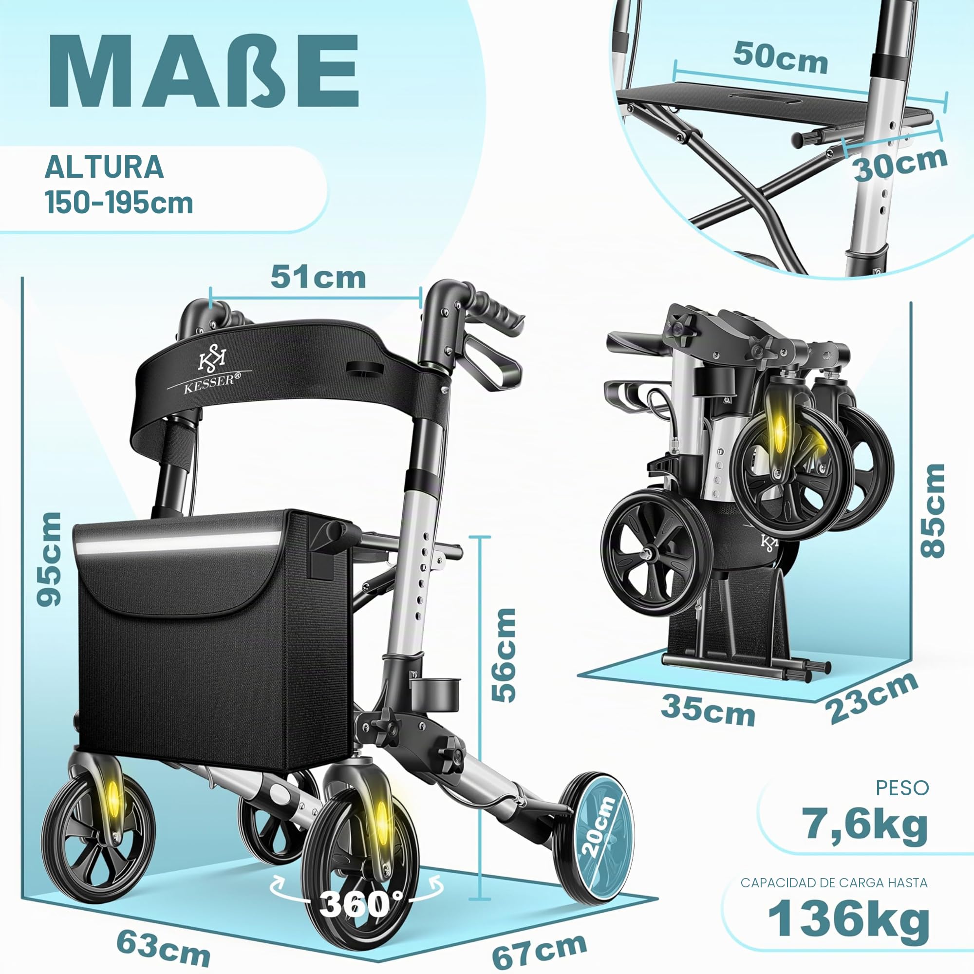 KESSER® Andador plegable con asiento y respaldo, 4 Ruedas/Frenos/Saco de Compra y Porta Bastón, Altura Ajustable 82-94cm, Andador, Carro, Rollator para Ancianos