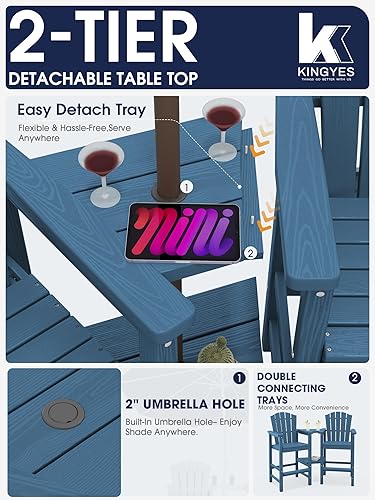 Miniatura 6 de KINGYES Juego de 4 sillas altas Adirondack de polietileno en relieve con bandeja de conexión, sillas altas de polietileno Adirondack con veta de