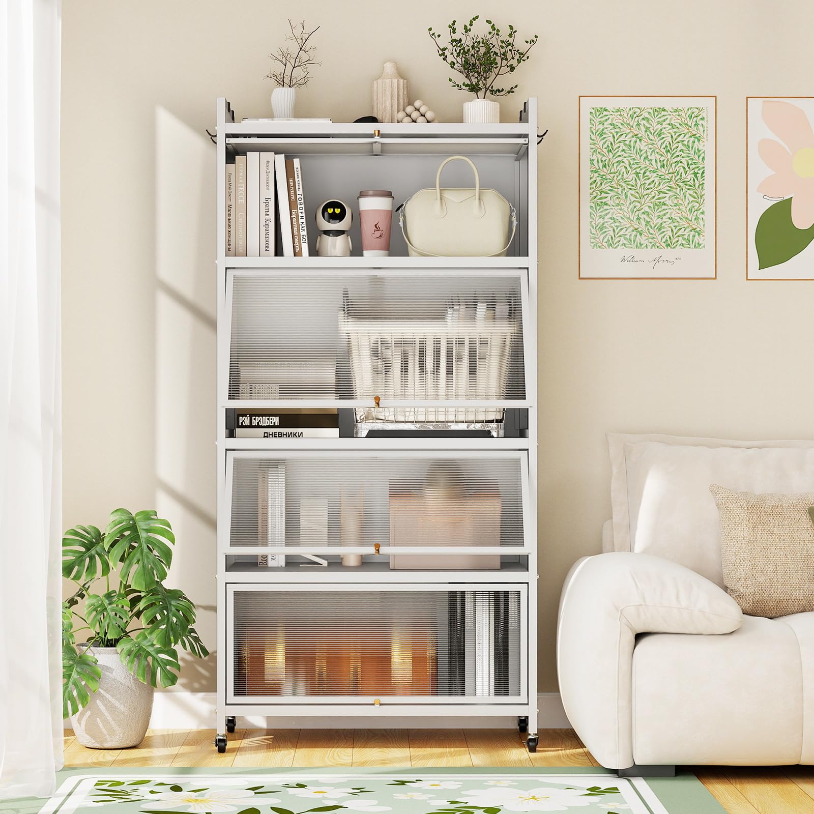 KOMFOTTEU Estantería de Cocina de 5 Niveles de Metal, Mueble Despensa con 4 Patas y 4 Ruedas, Armario para Microondas con Puertas Abatibles, Dispositivo Antivuelco, para Salón Comedor (Blanco)