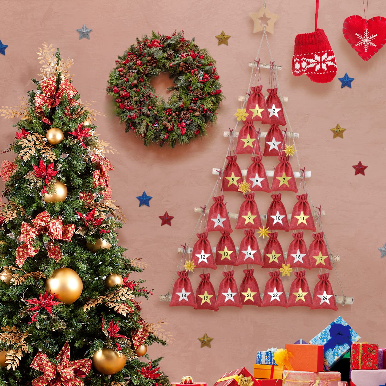 Set van 3 Sterren en Kerstboom om op te hangen naturelkleur - Kerstballen en kerstversiering