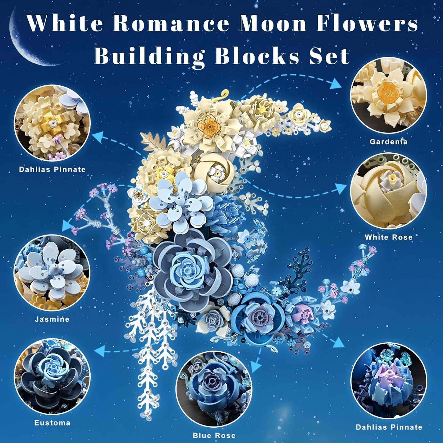 Blue Moon Flower Building Set - Botanical Collection Building Blocks for Adults, Moon Decor Wall Art Artificial Flowers, DIY Gift for Christmas, Valentines, Birthday, Mother’s Day, Tabletop Decoration