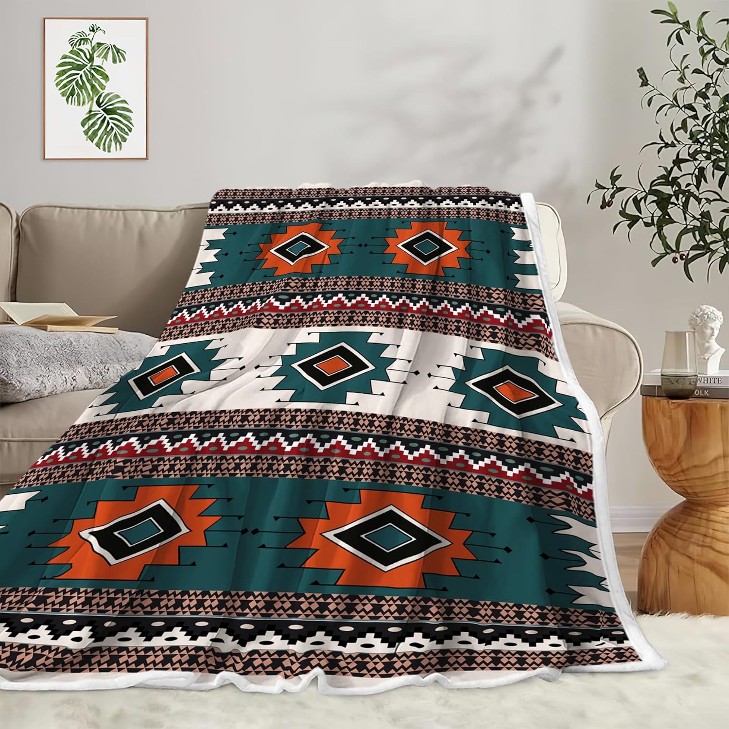 Southwest Aztec Throw Blankets, Traditional Navajo Patterned Flannel Soft Throw Blanket, Boho Southwestern Decor Throw Blanket for Couch, Chair, Camping, Bed, 50”x60”, Teal and Beige - Image 3