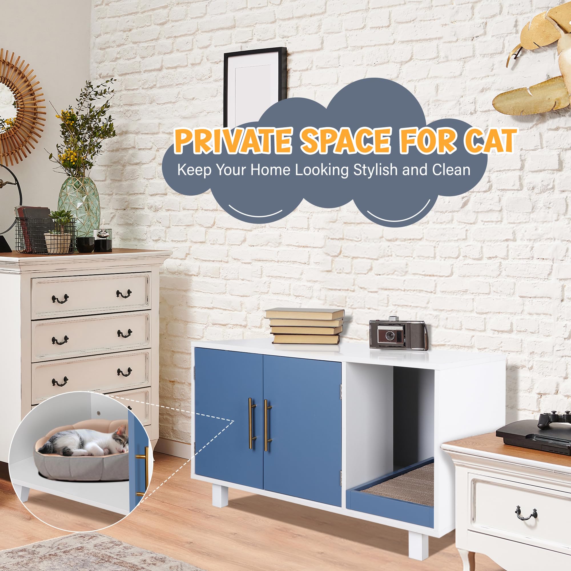 ZENY Modern Cat Litter Box & House, Wood Cat Enclosure with Scratch Pad, Side Table, Hidden Washroom Furniture, White - image 2