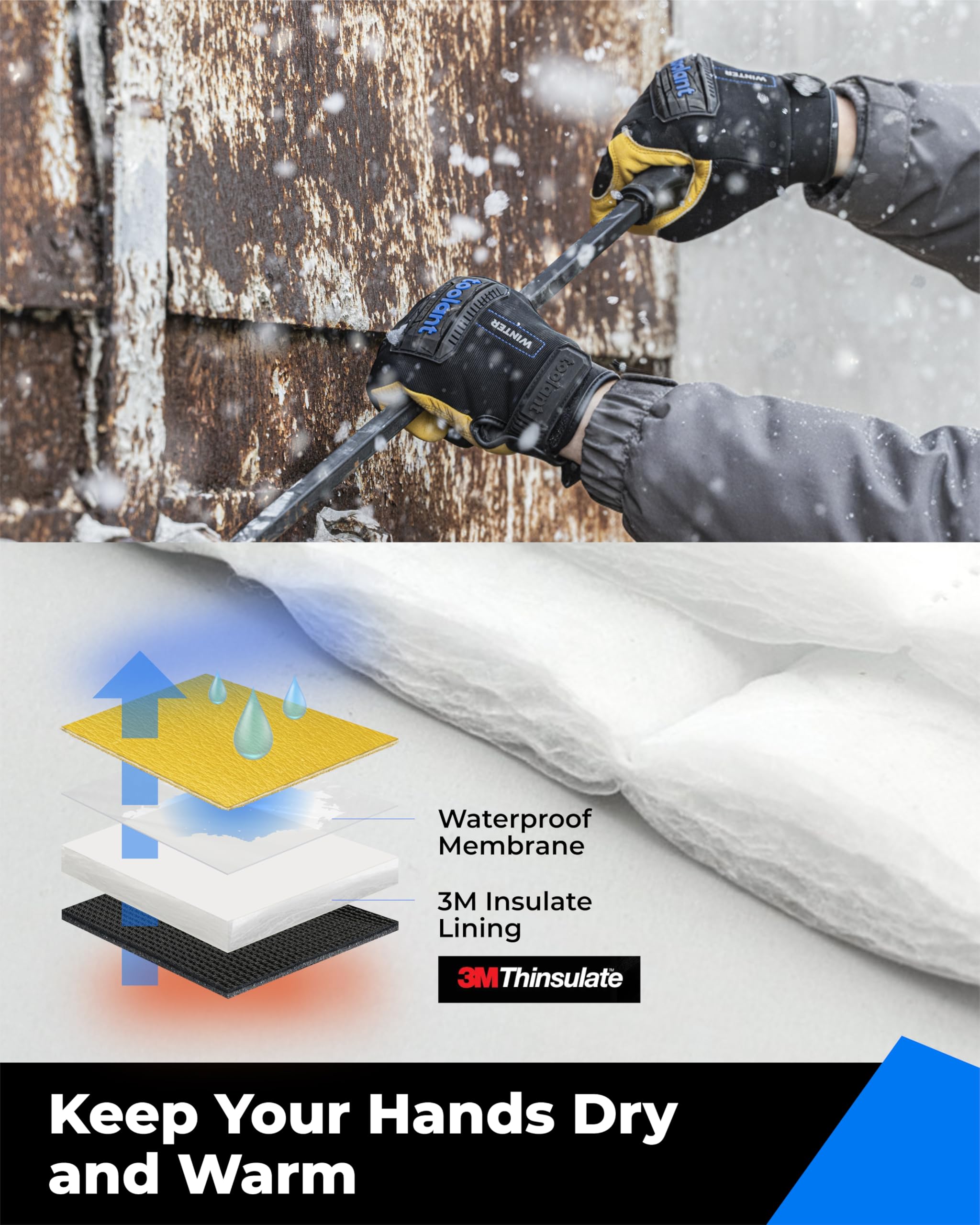 toolant Gants de travail d'hiver imperméables pour hommes, gants en cuir épais avec haute dextérité, doublure 3M, écran tactile, protection contre les chocs