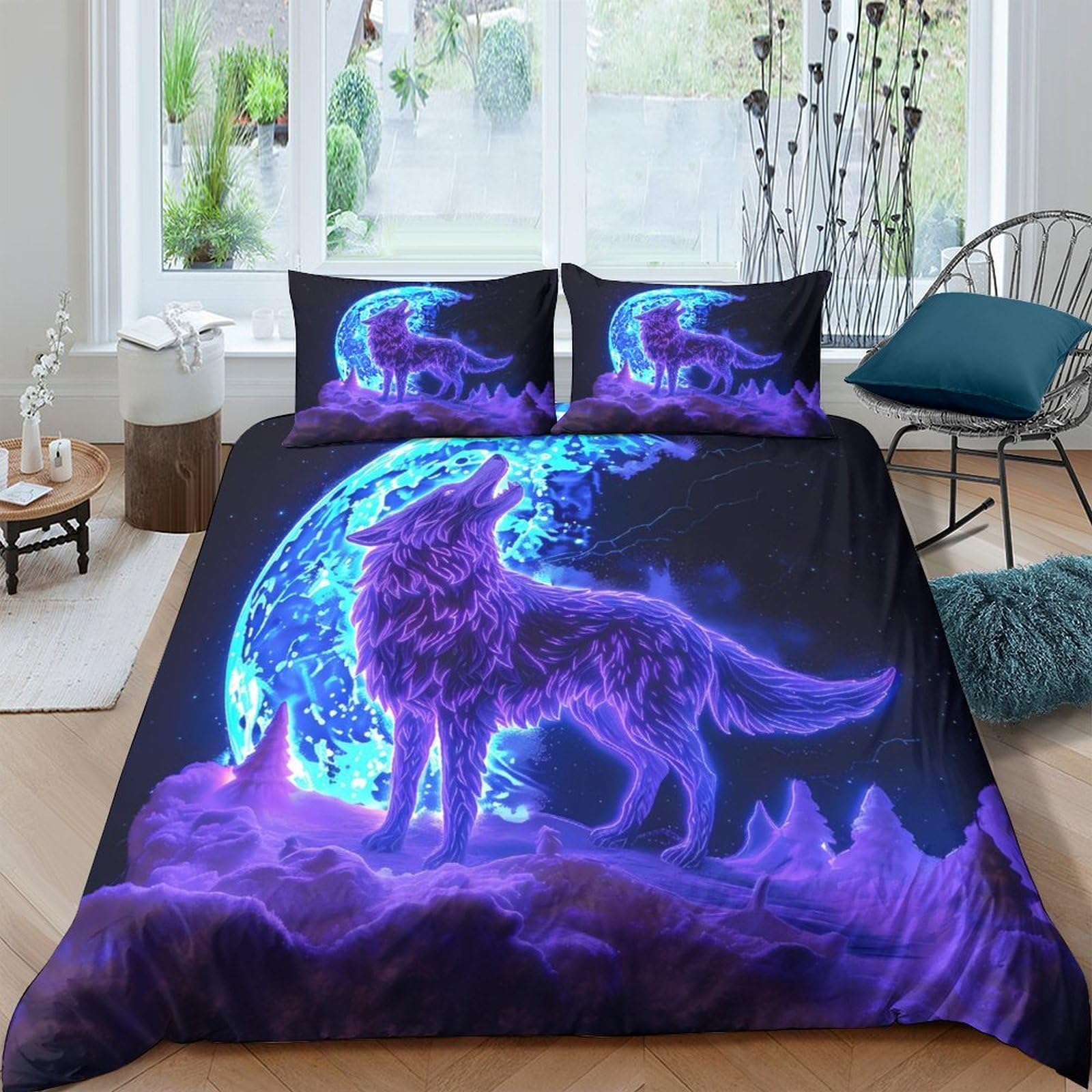 P5V6M1Q9 3D Printed Wolf Moon Duvet Cover Microfiber Breathable Purple Mountain Bedding Set with 2 Pillowcases for Bedroom Decor Single（135x200cm）
