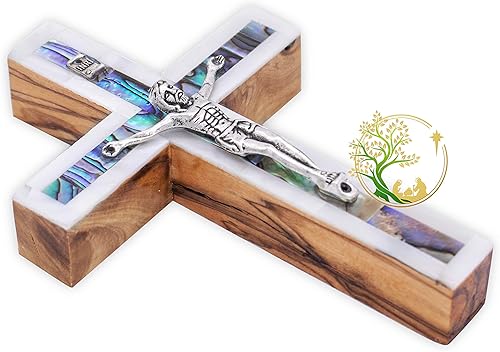 Miniatura 7 de Small Decorative Mother of Pearl wall cross handmade in the Holy Land  olive wood wall crucifix  Catholic wooden cross  Made by Christians in the