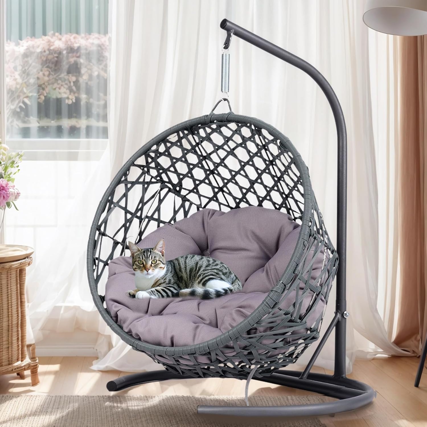 Cat Egg Chair with Stand & Cushion, Cat Swing Bed with Rattan Wicker Appearance, Hanging Chair for Indoor Cats Pet Kitten Puppy Small Dogs (Grey, 19.30 Inch)