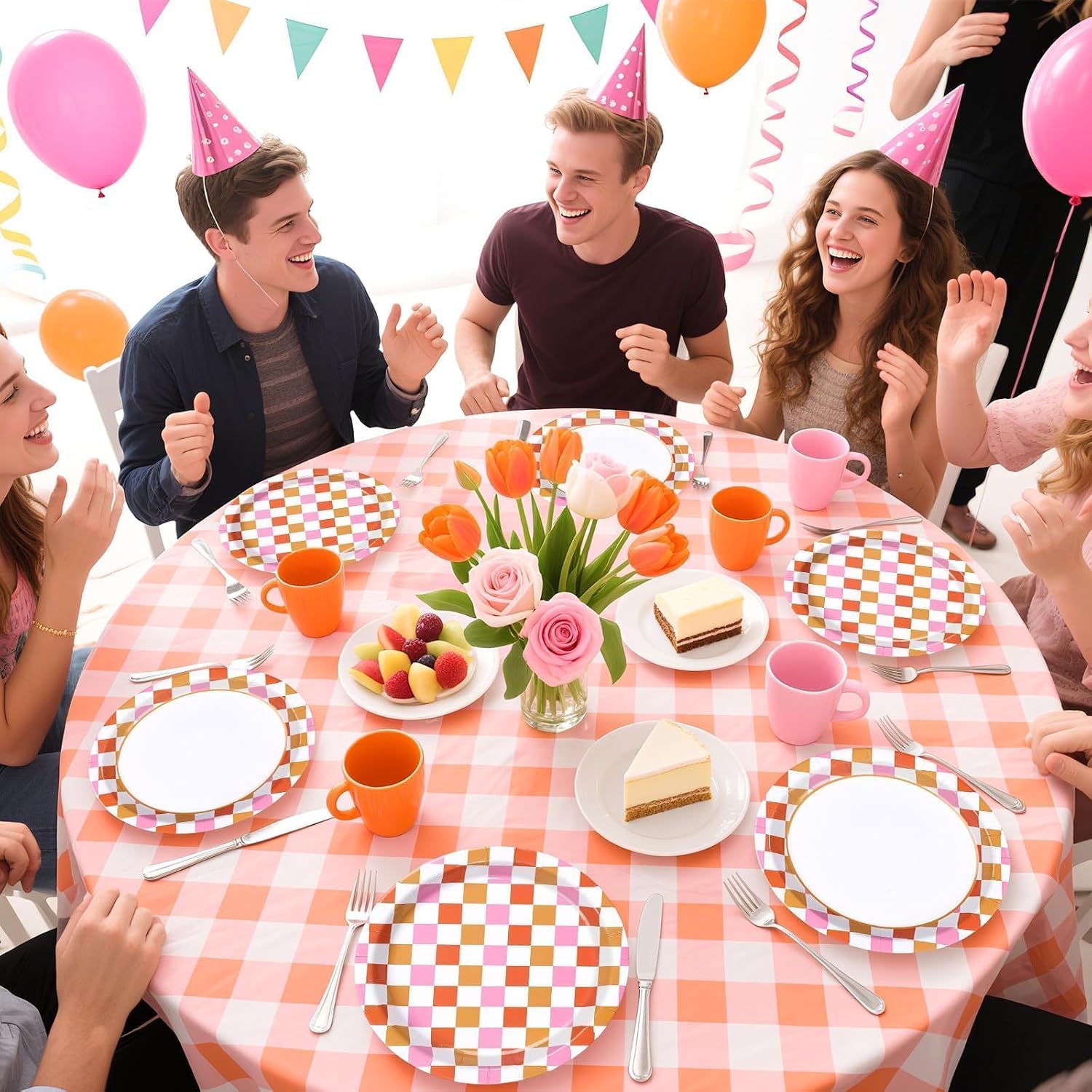 50Pcs Pink and Orange Gingham Decorations 9” Paper Pink Orange Checkered Plaid Plates Disposable Retro Checked Plates for Graduation Decorations Birthday Spring Summer Sunset Picnic Tea Party Supplies