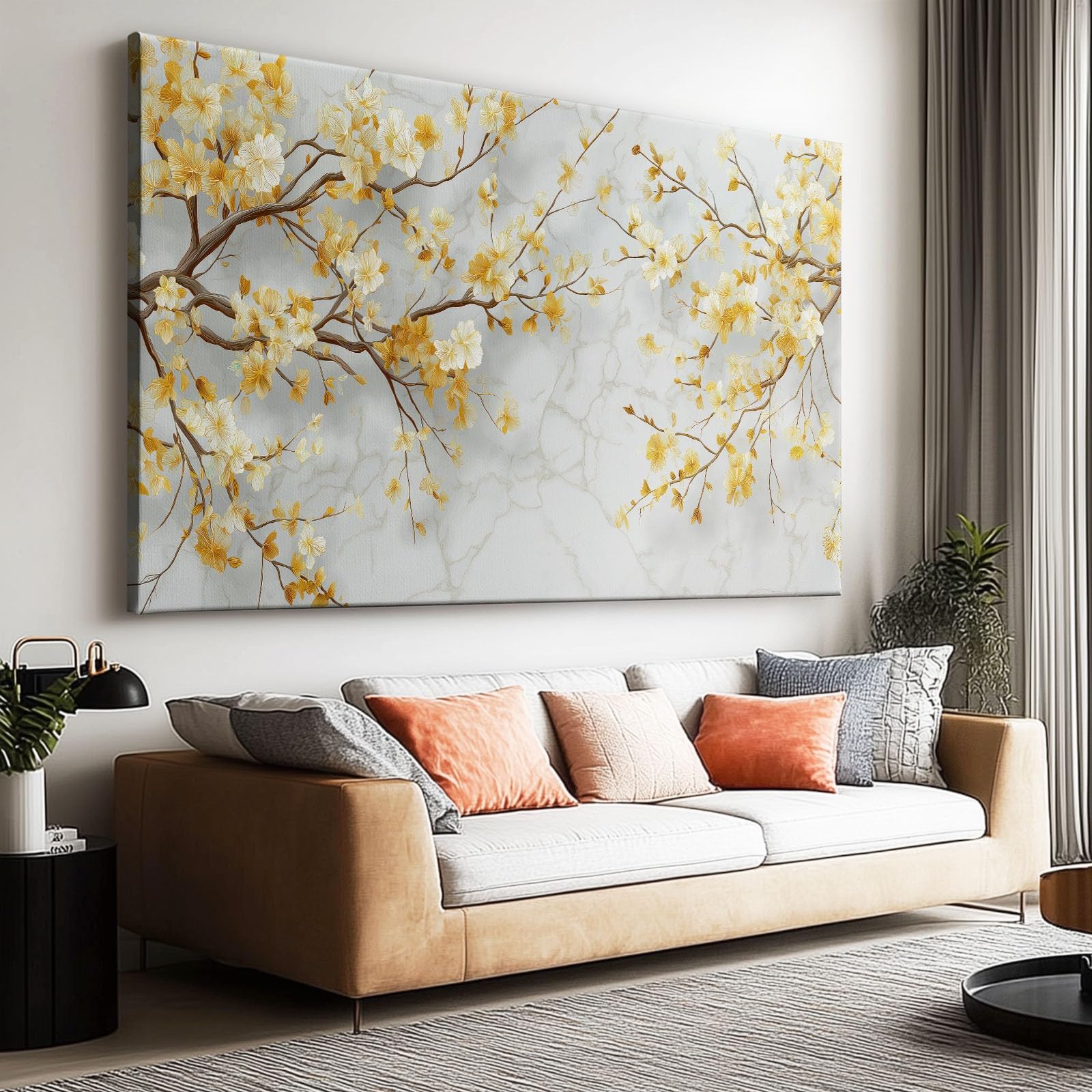 Genérico Cuadro en Lienzo con Impresion 3D Ramas Y Flores Doradas 70x50cm Cuadros Decorativos para Pared Grande Moderno, Decoracion Salon y Dormitorios, con Marco