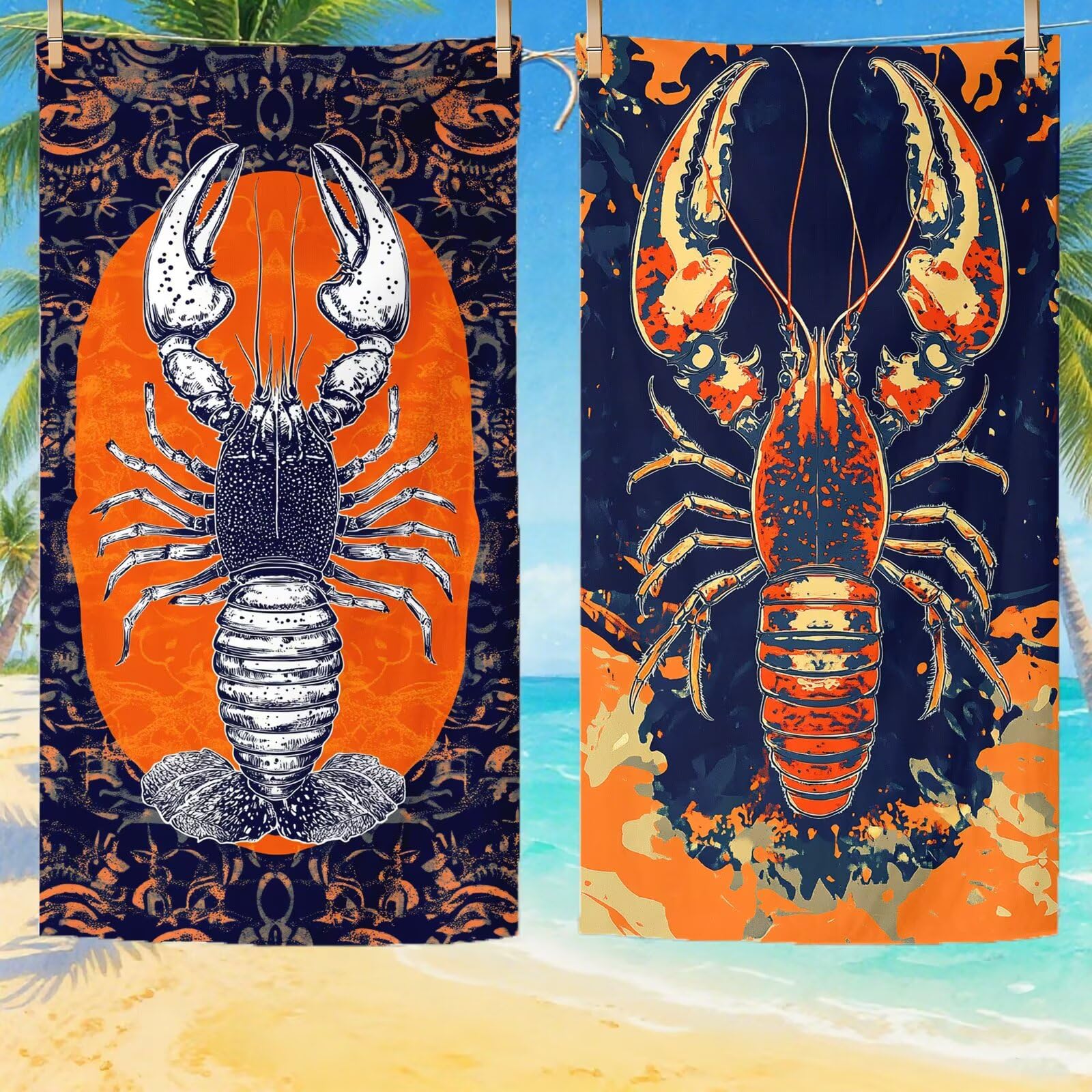 Telo Mare Microfibra, Telo Mare Grande 200x100 cm Set da 2, Antisabbia Asciugatura Rapida Assorbente Salvietta da Spiaggia Asciugamano per Palestra Piscina Viaggi Picnic, Regali Donna Aragosta Q-714