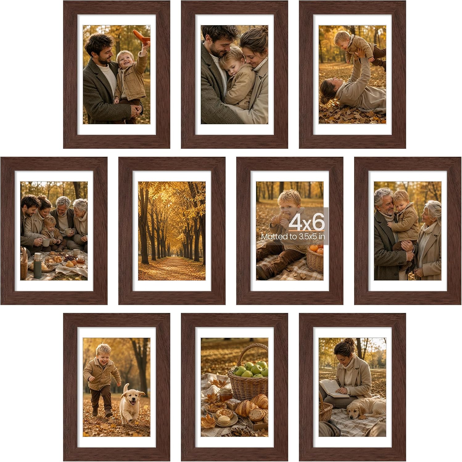 upsimples 4x6 Picture Frame Set of 10, Display Pictures 3.5x5 with Mat or 4x6 Without, Multi Photo Frames Collage for Wall or Tabletop Display, Brown | Small Frame Fit 3.5x5 and 4 x 6 Photos, Wall or Tabletop Display, For Gallery Hallway Living Room, For Christmas Mother's Day