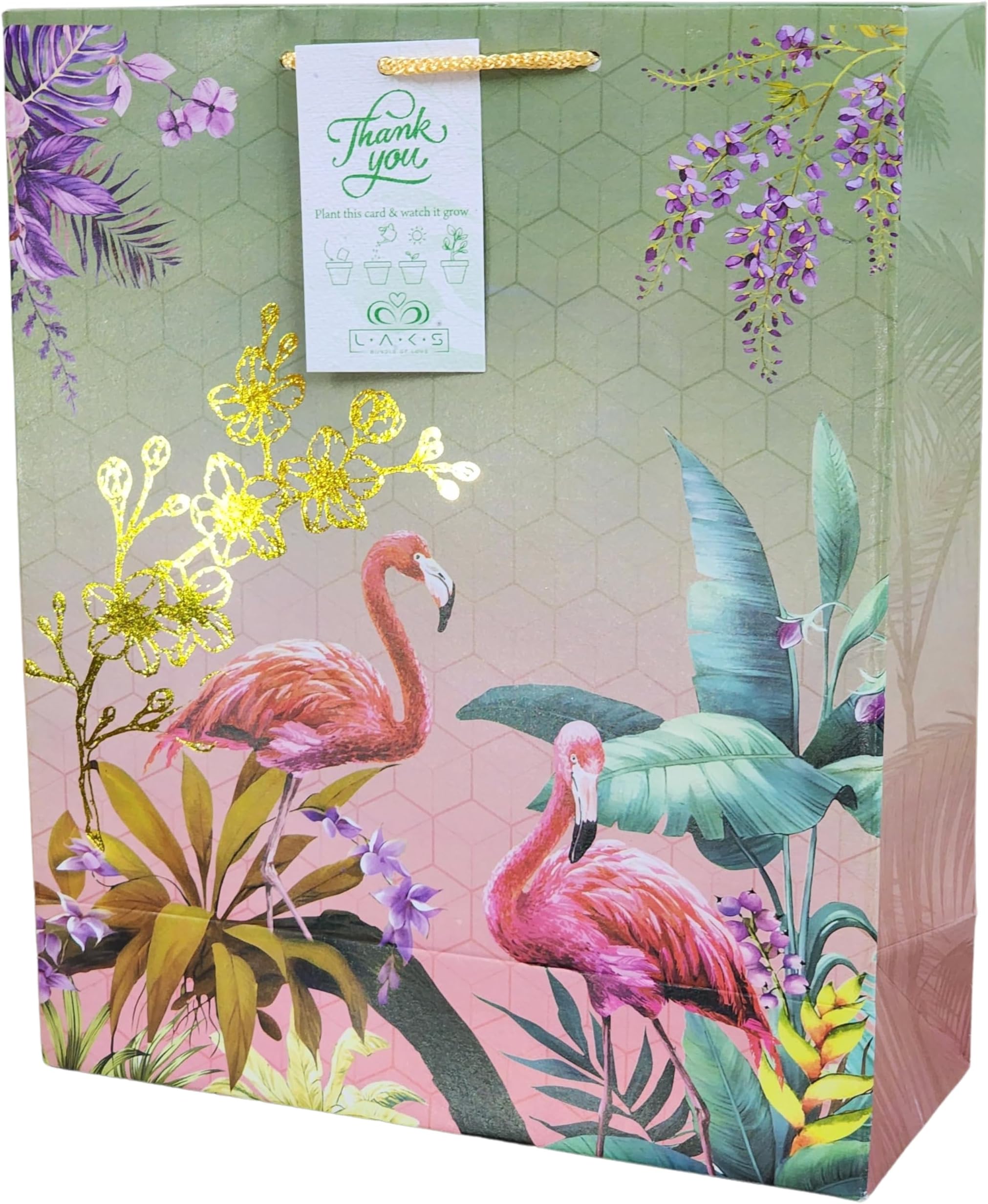 LAKS BUNDLE OF LOVEยฎ - Gift Bags - Medium Size - 12x10x4 inch - Pack of 10 - With Seed Paper Thank You Card (Green-Pink)