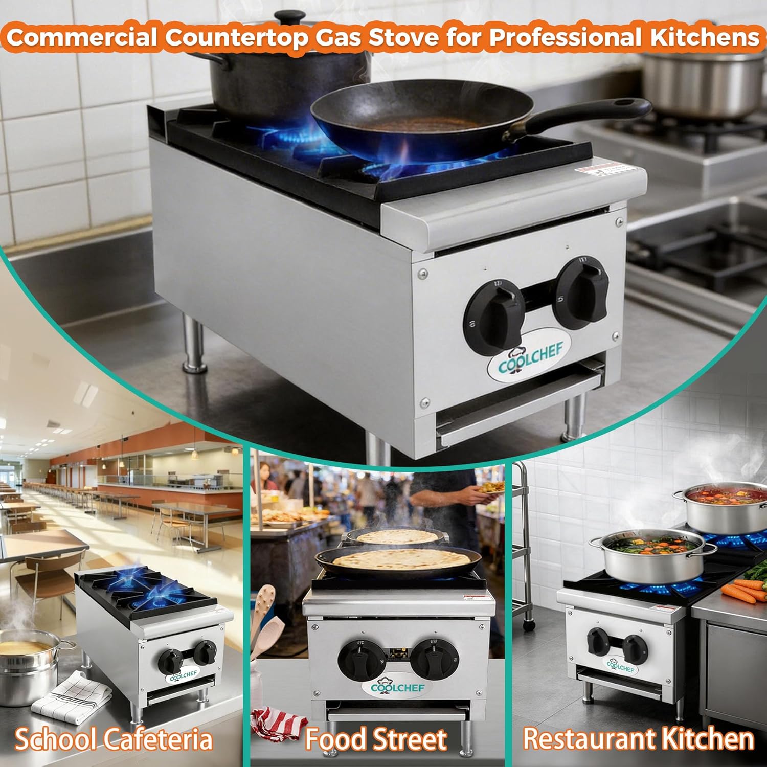 12-Inch 2-Burner 50000 Total BTU Hot Plate, Commercial Gas Stove – Heavy Duty Propane & Natural Gas – Countertop Cooking Burner Stainless Steel Construction