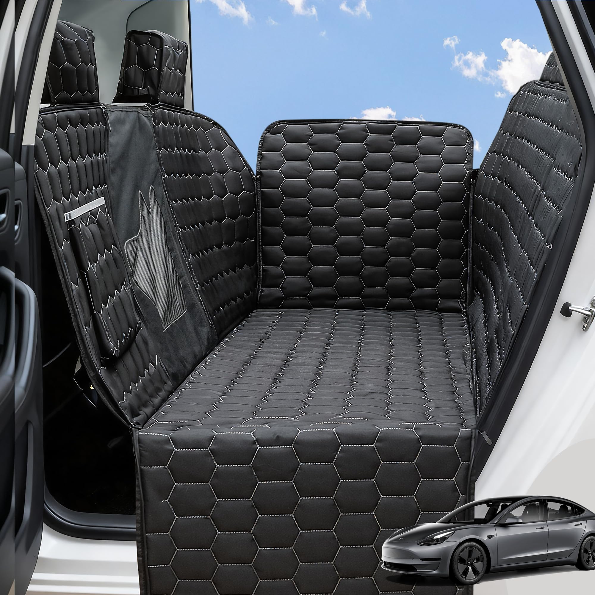 Meginc Dog Seat Covers for Tesla Model Y,Dog Hammock for Tesla with Side Flaps, 100% Waterproof Tesla Model Y Dog Accessories with Mesh Window &