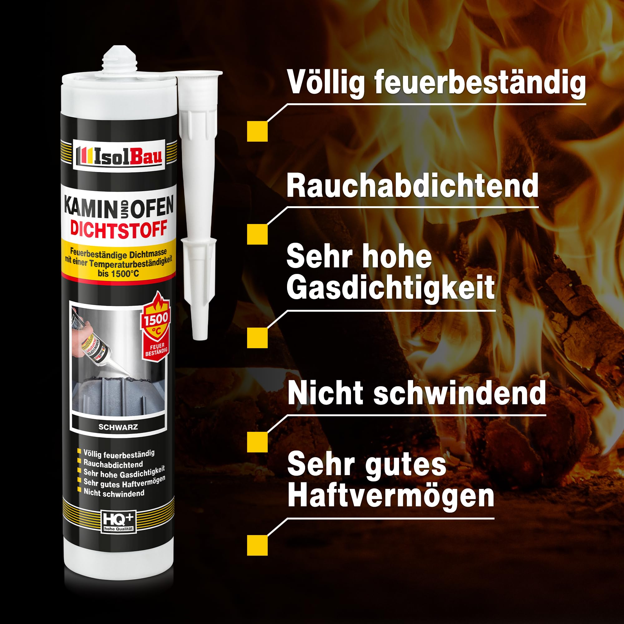 Isolbau Kamin & Ofen Dichtstoff - Feuerbeständige Dichtmasse bis 1500 °C - Für Reparatur & Füllung von Rissen in Kaminen & Öfen - Schwarz, 36 x 300 ml Tube