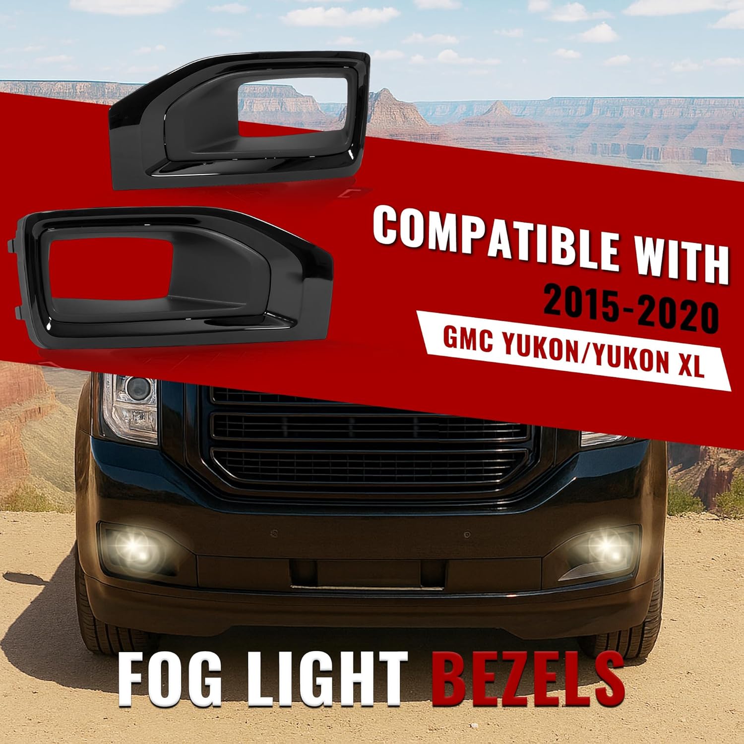 HECASA Fog Light Bezels Pair Compatible with 2015-2020 GMC Yukon/Yukon XL Fog Lamp Cover Trim Plastic (PP+ABS) Gloss Black Driver & Passenger Side Replacement for 22936426 22936427