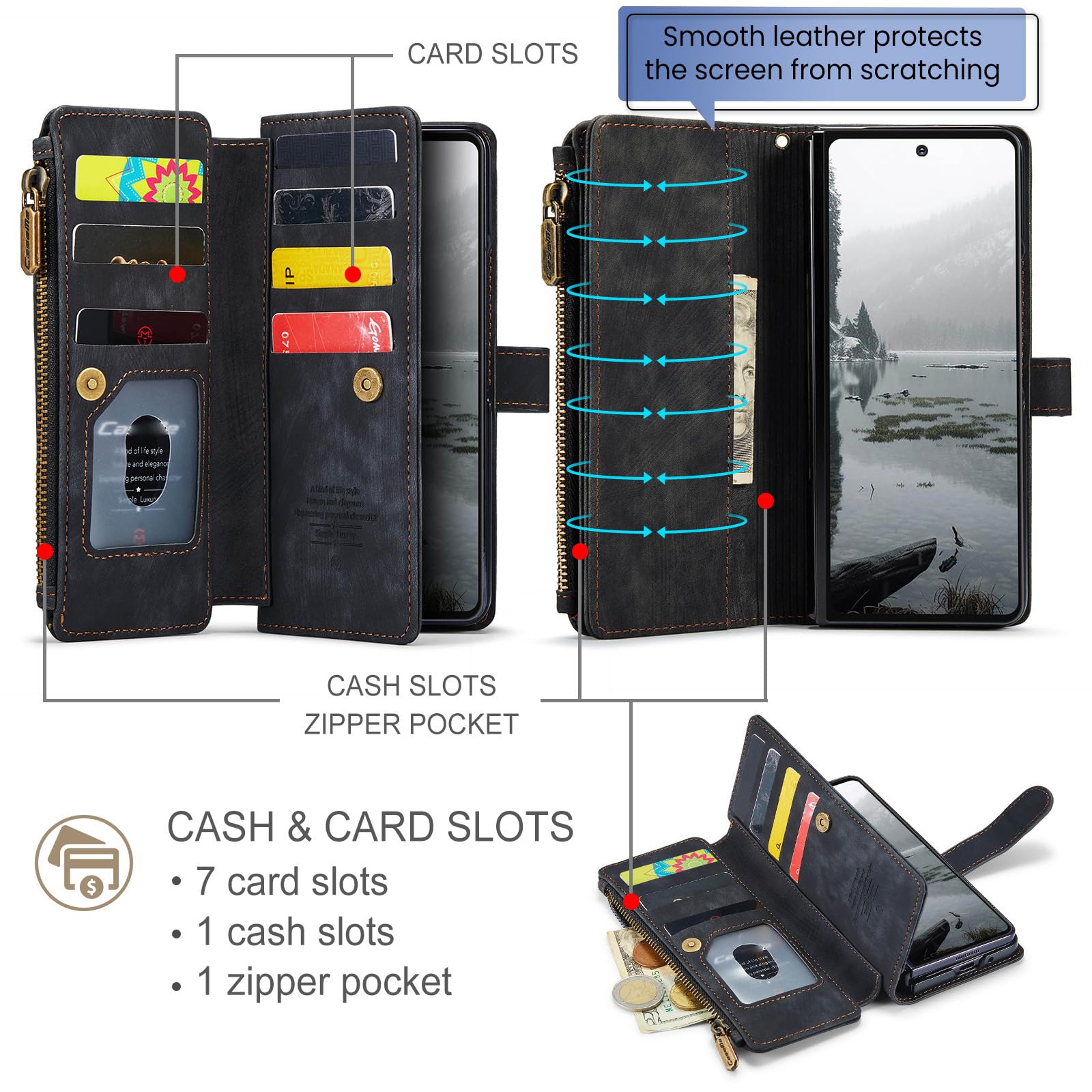 Etui z klapką do Samsung Galaxy Z Fold 8 Ultra, portfel na zamek błyskawiczny duża pojemność vintage matowe etui pasek na nadgarstek ochrona przed upadkiem miękka wewnętrzna powłoka TPU (czarna)