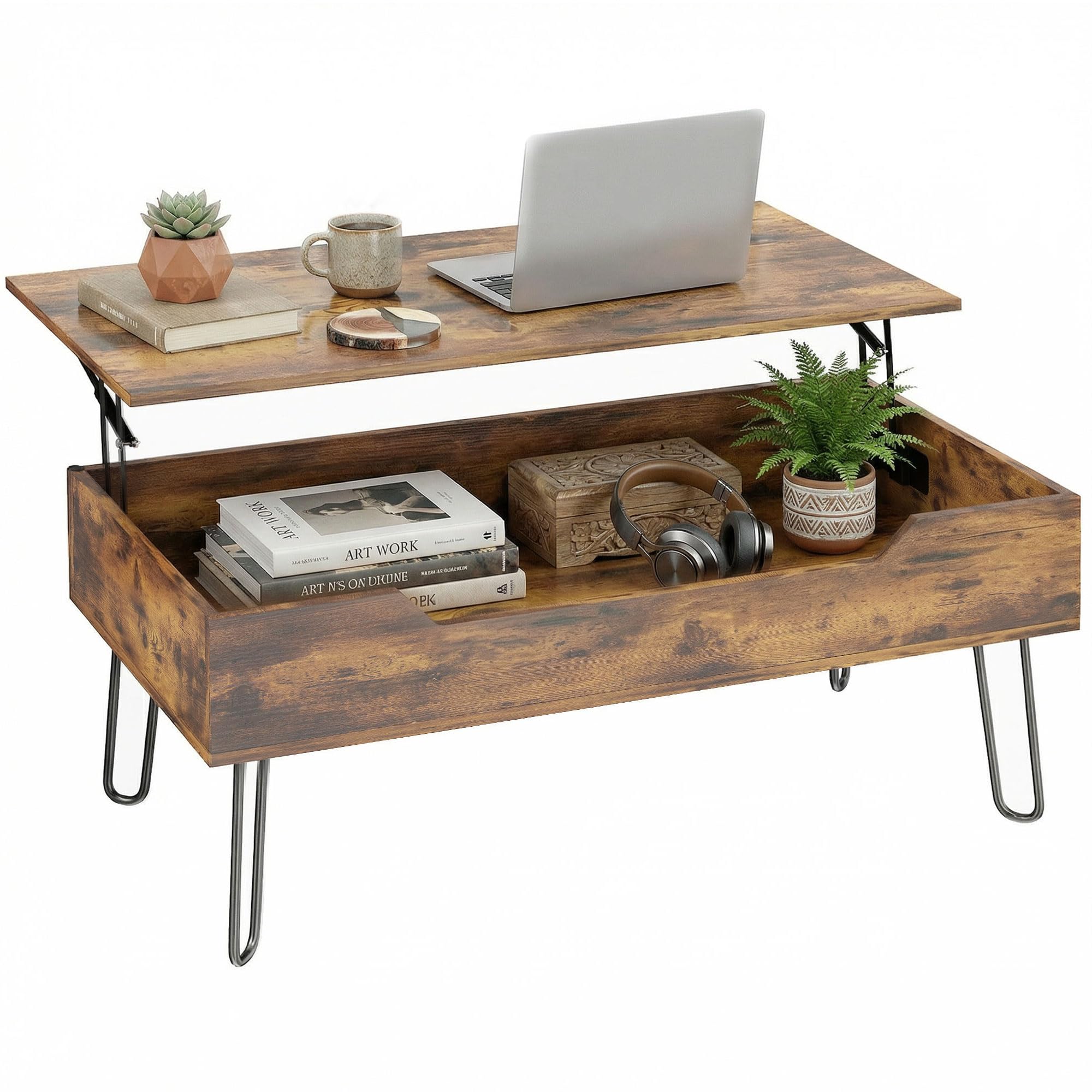 HOMCOM Mesa de Centro Elevable, Mesa de Café para Salón con Compartimento Oculto, Patas de Acero para Sala de Estar, Comedor, 95x50x40 cm, Marrón Rústico