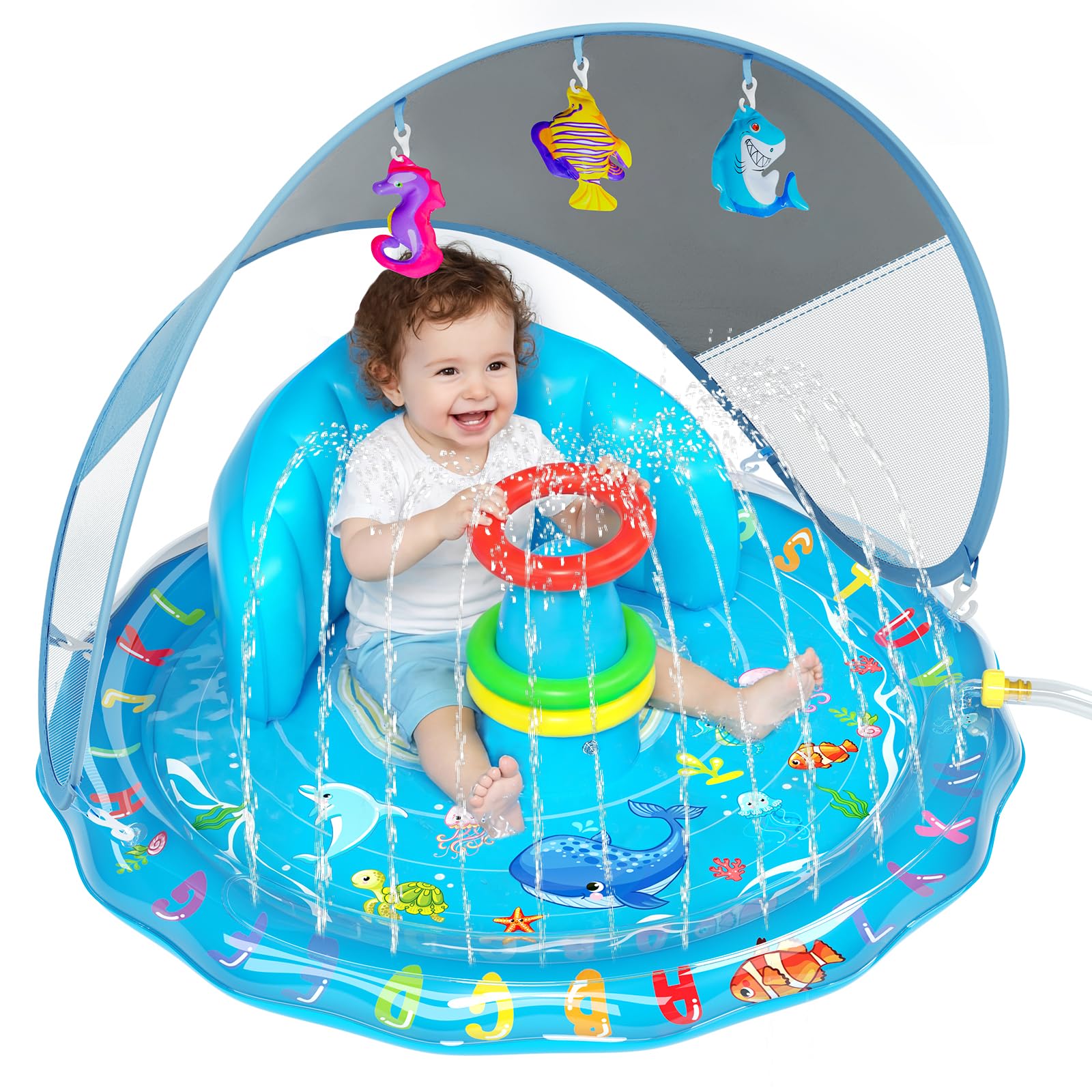 Qmioti Baby Splash Pad with Canopy, Inflatable Baby Pool with Sprinkler, Stackable Rings & Hanging Toys, Water Sprinkler for Kids, Summer Outdoor Water Play Toys for Baby Toddlers