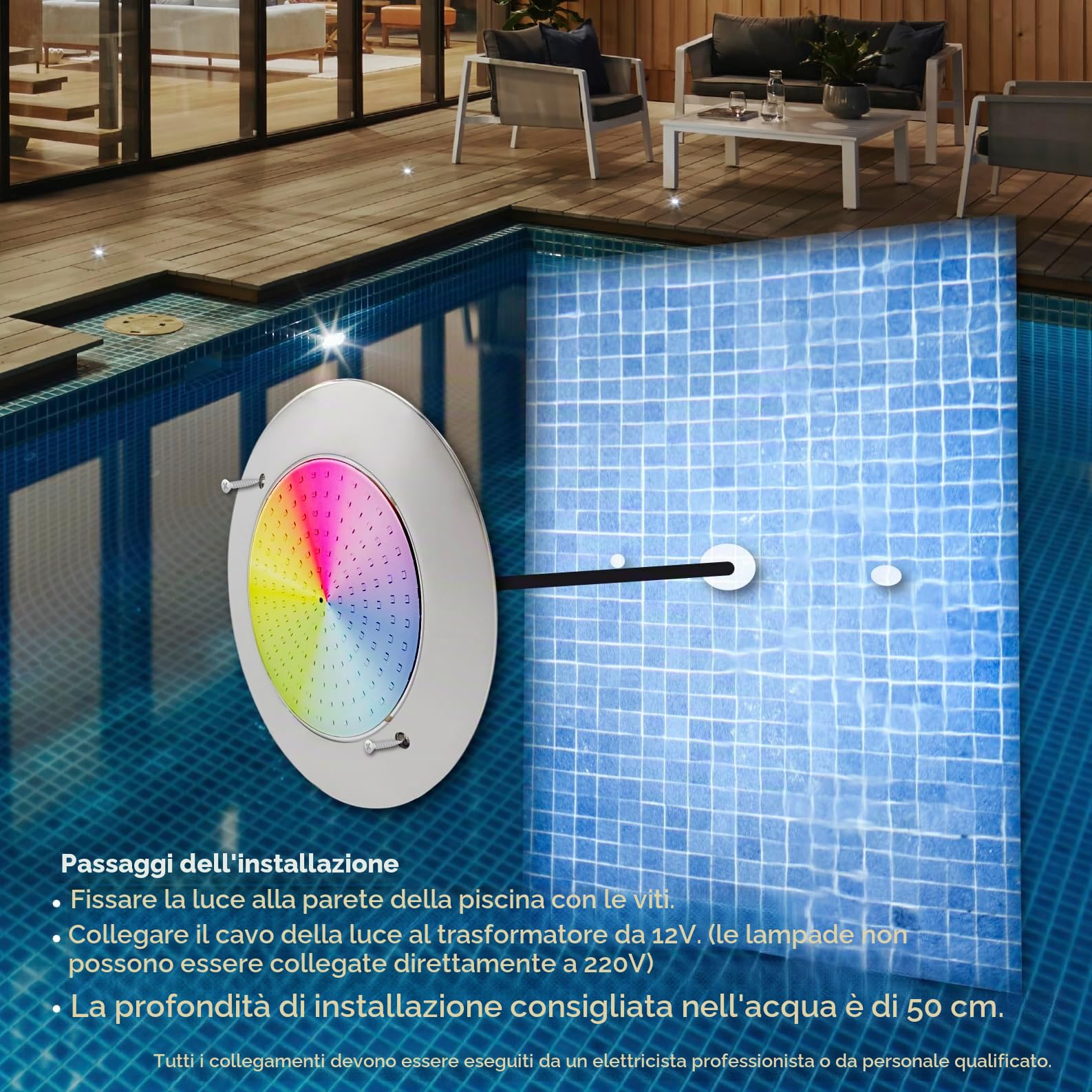 LED ATOMANT Faro Piscina LED Acciaio 12W RGB IP68 | Acciaio inox, Montaggio a superficie, Diametro 25cm