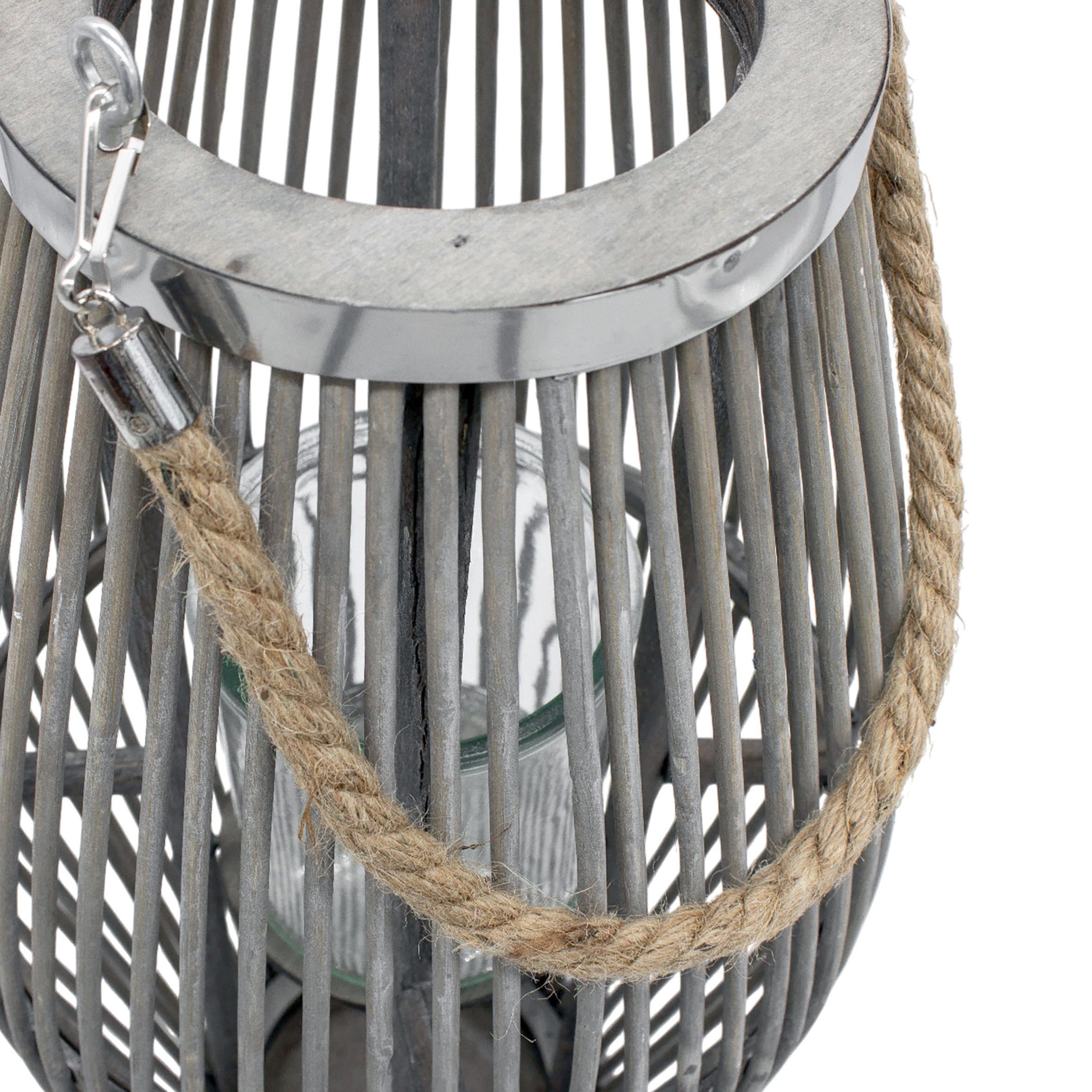 XXL Bambus Laterne Shabby grau mit Kerzenglas - 50 x 24 cm - Holz Windlicht mit Jute Seil zum Hängen - Garten Deko Kerzenhalter Gartenlaterne Leuchte zum Hängen für Balkon Terrasse Innen Außen