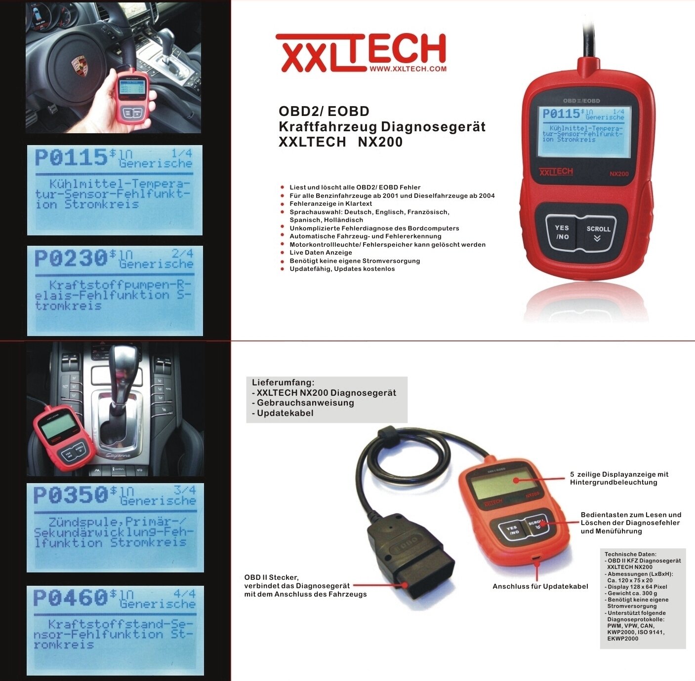XXLTECH NX200 CAN Bus diagnostyczny skaner niemiecki OBD 2 OBD2, czerwony