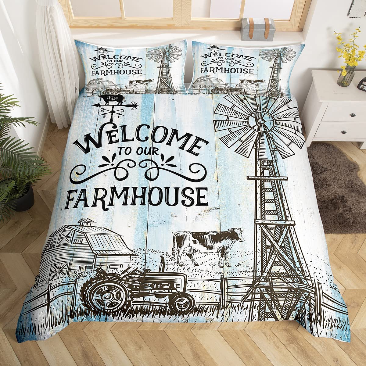 Rustic Farmhouse Kids Duvet Cover Set Double Size,Old Wooden Door Cottage Bedding Set,Girls Boys Adults Room Decor,Cow Chicken Tractor Country Comforter Cover,Blue Vintage Quilt Cover,2 Pillowcases