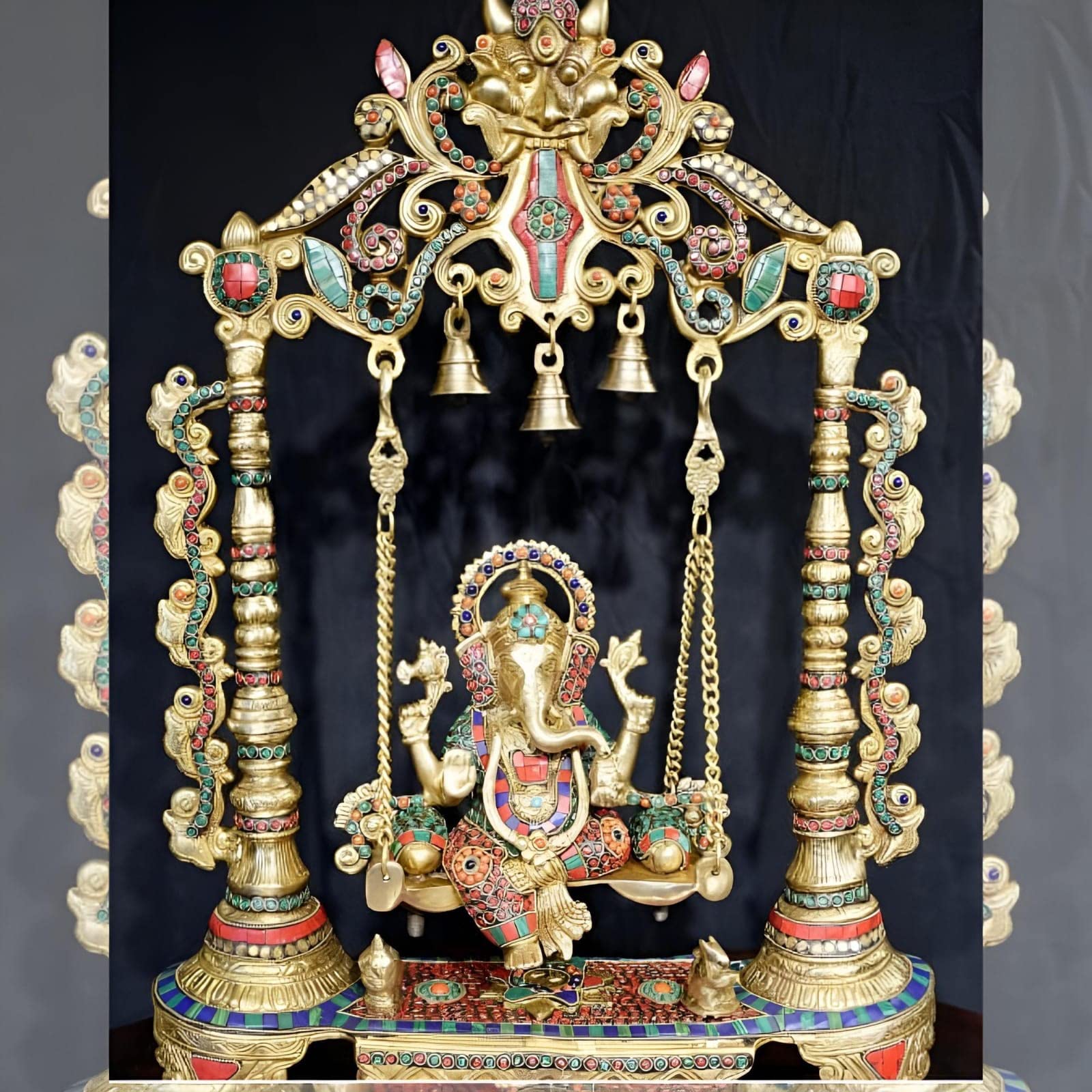 Brass Ganesh Jhula | Multicolor Stone Work Statue of Lord Ganesh on Swing Decorated with Bells and Nazarbattu | Jhula Ganeshji | Home D?cor/Gift Item/Temple | Ht. - 26 inch, Wt. - 16.6 Kg-image-43