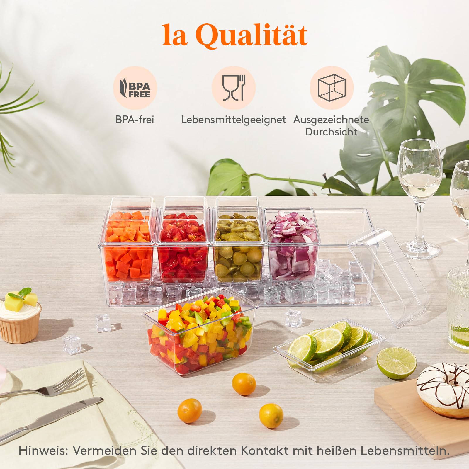 Lifewit abnehmbare Ice Zutatenbehälter mit Deckel, Frischebehälter, Ice Eiswürfel hinzufügbar, 5 Fächer Behälter zum Garnieren, Serving Bar für Obst/Snacks/Cocktail Zutaten