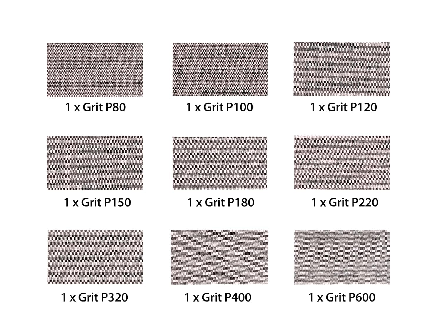Mirka Abranet - Tiras de lijado de malla (70 mm x 125 mm, cierre adhesivo/mezcla, 1 de cada grano 80, 100, 120, 150, 180, 220, 320, 400, 600/9 uds), para lijado de madera, espátula, barniz