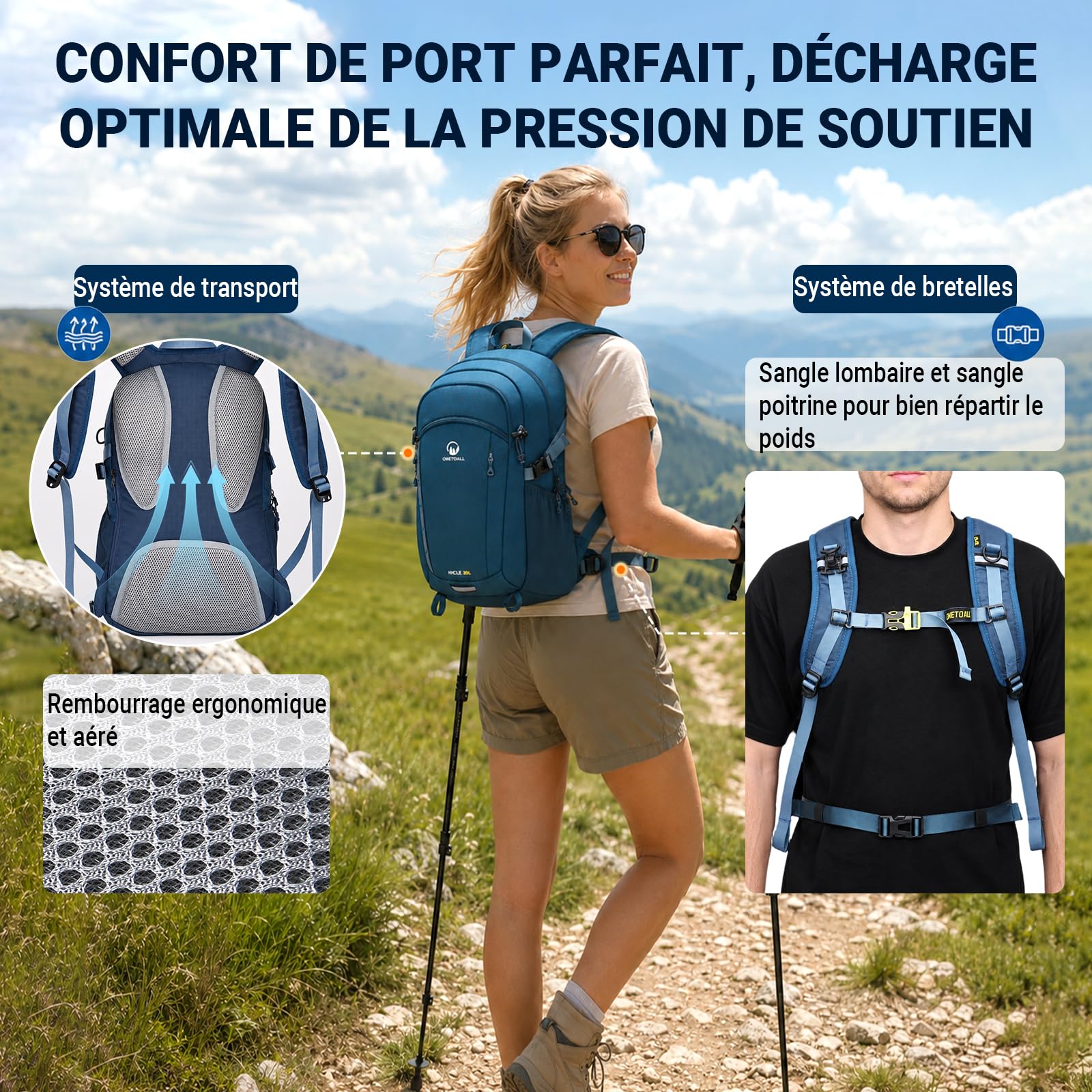 Sac a Dos Randonnee Homme Femme 20L Inclus Couvre-Pluie Confort | Légèreté, Ergonomie, Système de Suspension, Résistance, Multiples Compartiments, pour Travail Voyages Courts Cyclisme Camping