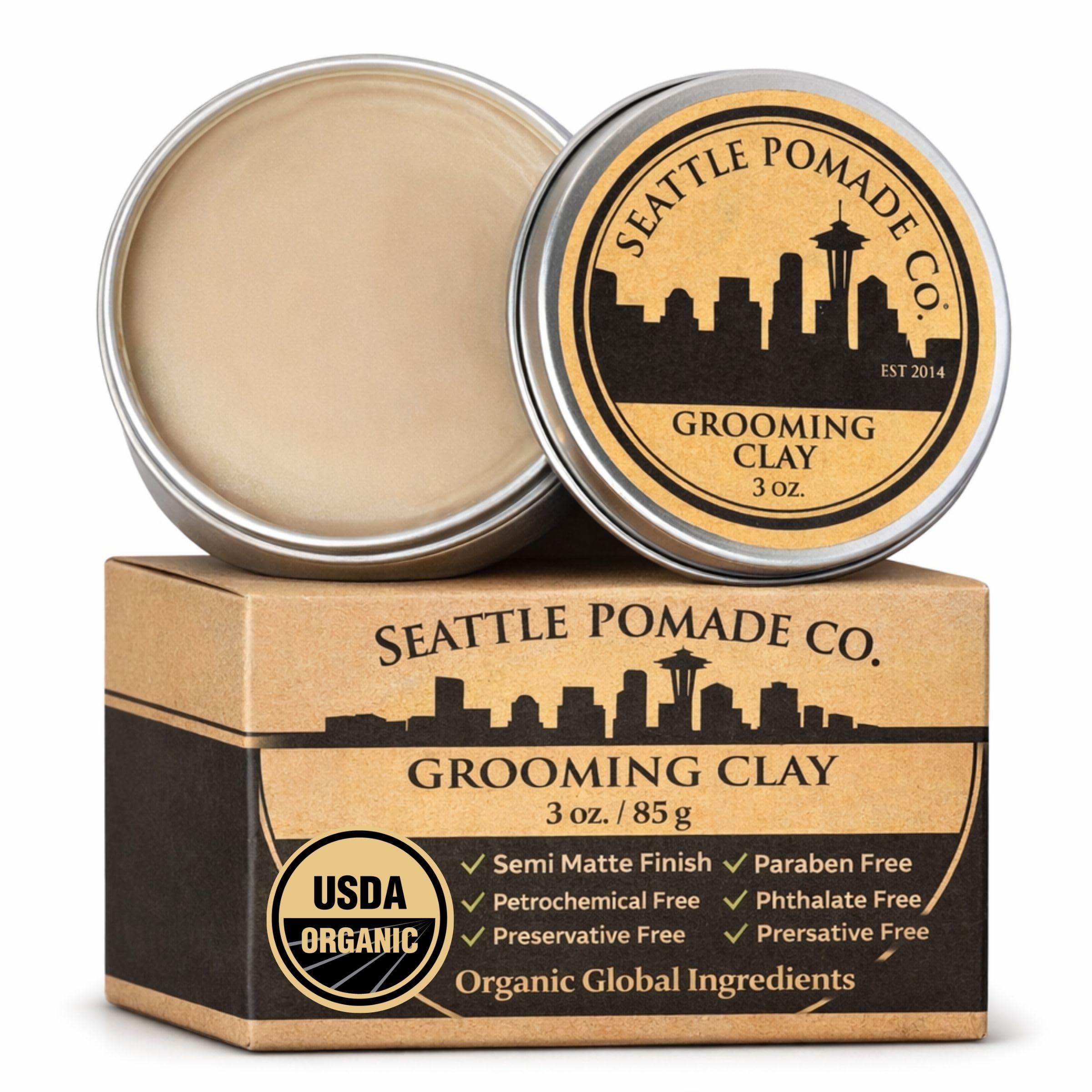Seattle Pomade Co. Grooming Clay for Hair - USDA Certified, With Organic Essential Oils, Beeswax Based. Made with organic materials from around the world.