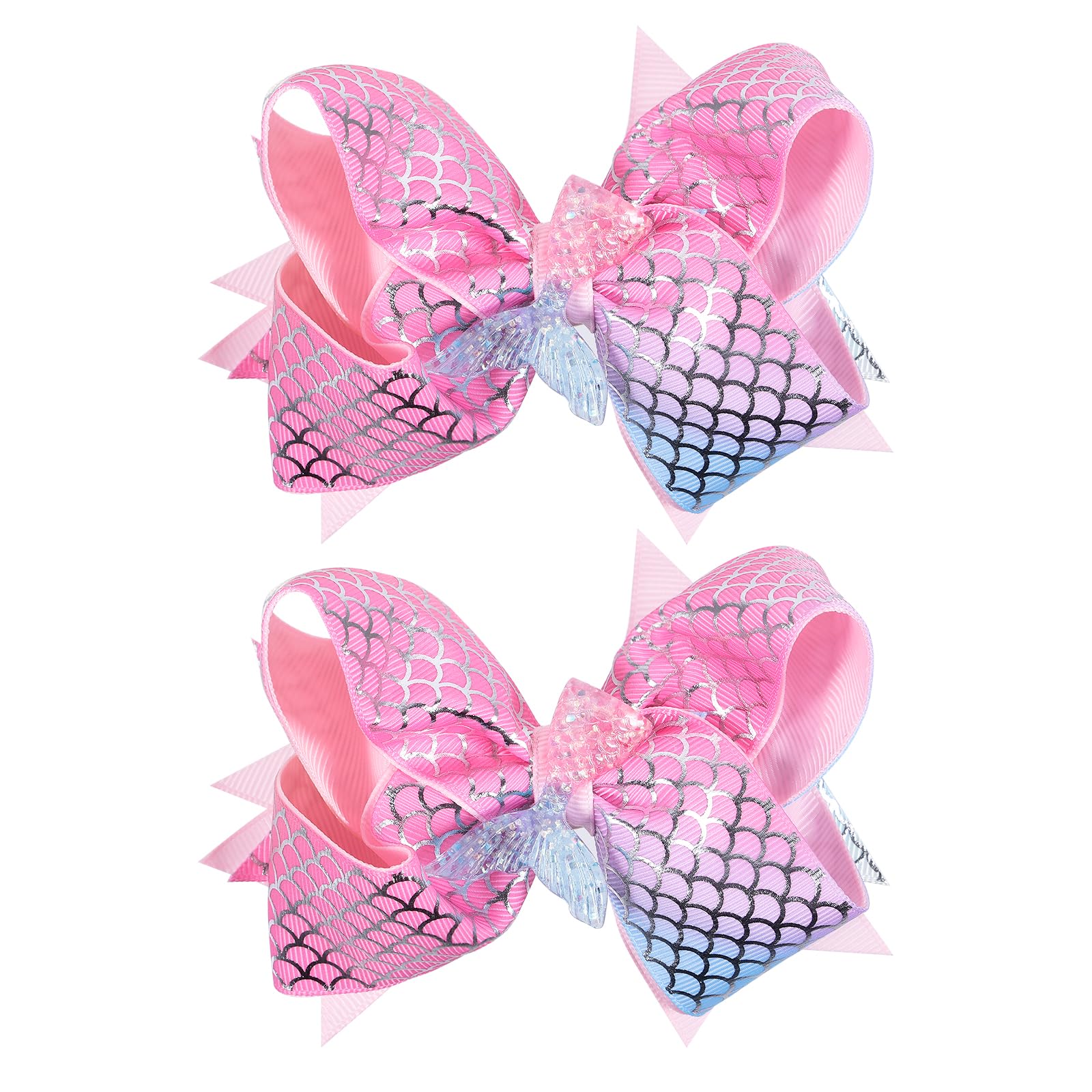 Glitter Mermaid Hair Bow Clips Girls Birthday Gift 2pcs 4.7" Mermaid Scales Ribbon Alligator Barrettes for Kids Toddlers Teens Summer Beach Dress