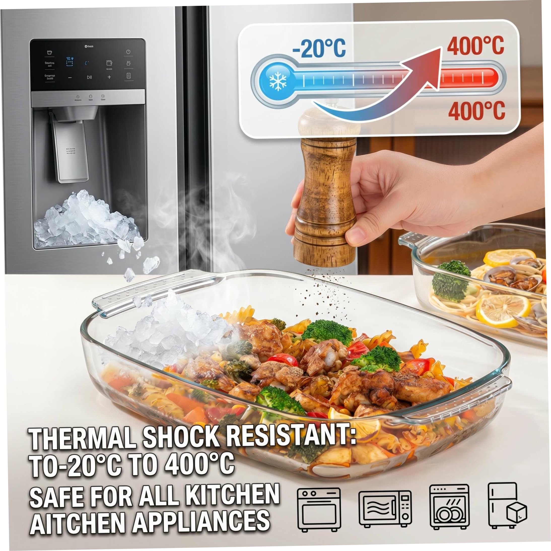 Teglia in vetro Teglia in vetro per forno rettangolare trasparente borosilicato alto da 3, 8 l con manici.