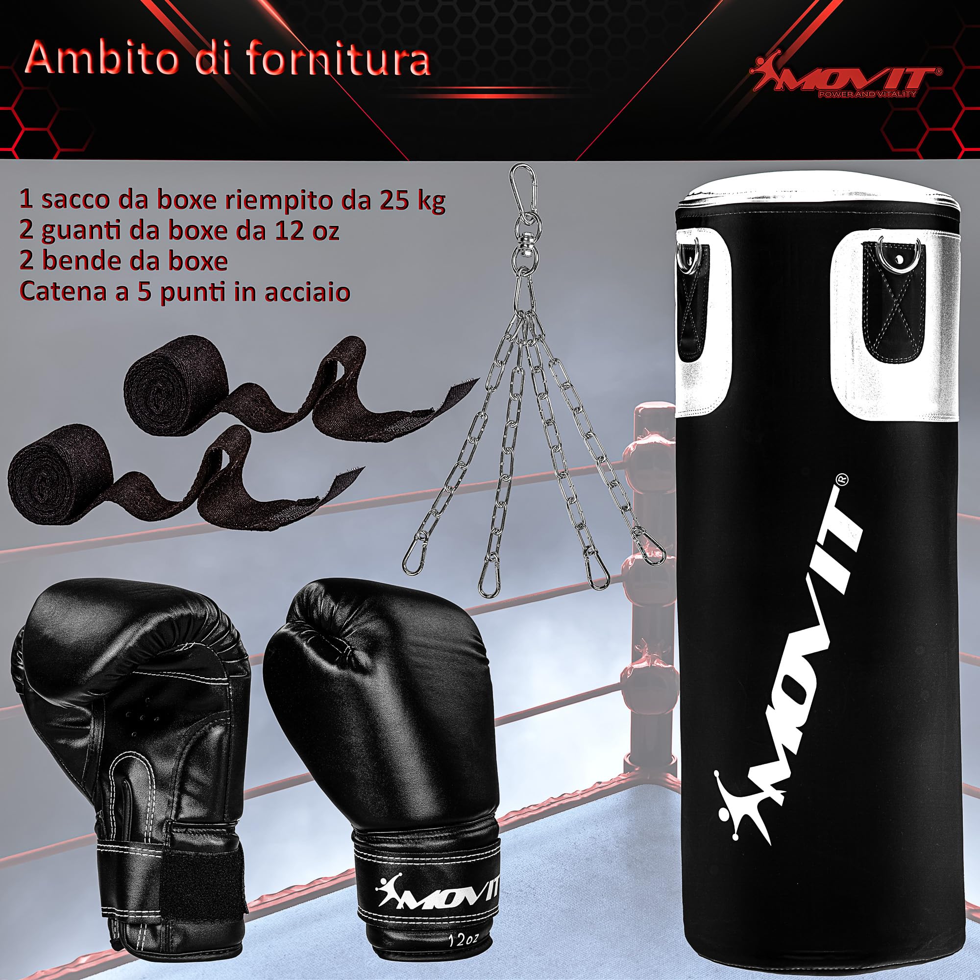MOVIT Set Sacco da Boxe - 25kg, in PVC, Riempito, Altezza Sacco 80cm, Guantoni da Boxe, Bende, per Adulto, Nero o Bianco - Kit Pugilato, Allenamento Arti Marziali, Kick Boxing, MMA, Fitness