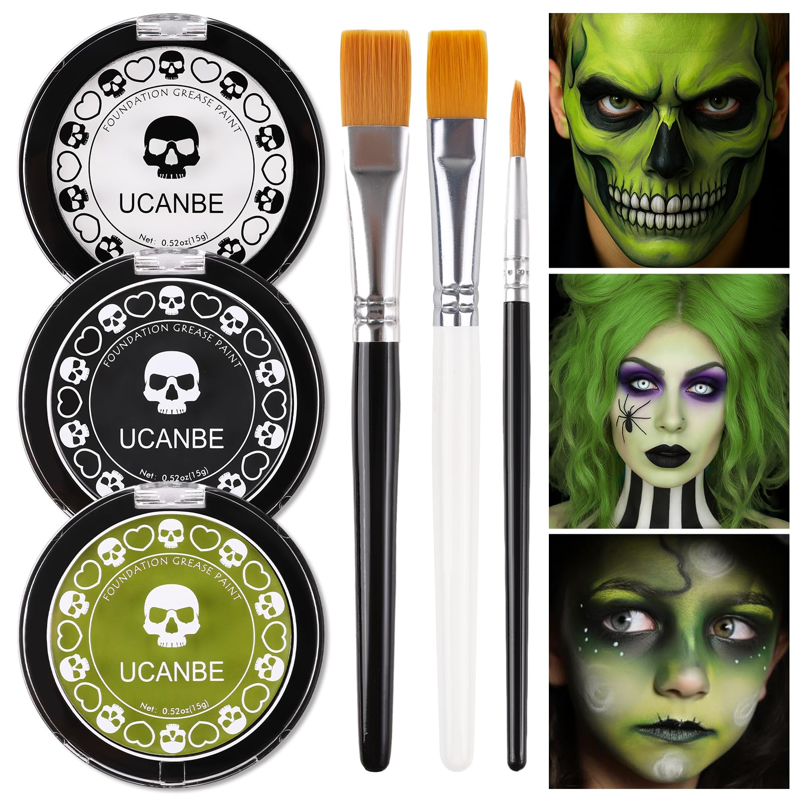 UCANBE Halloween Gesichtsfarbe (Schwarz+Weiß+Grün) mit 3 Pinsel | Körperfarbe für Halloween, Karneval, Theater, Bühne, Film