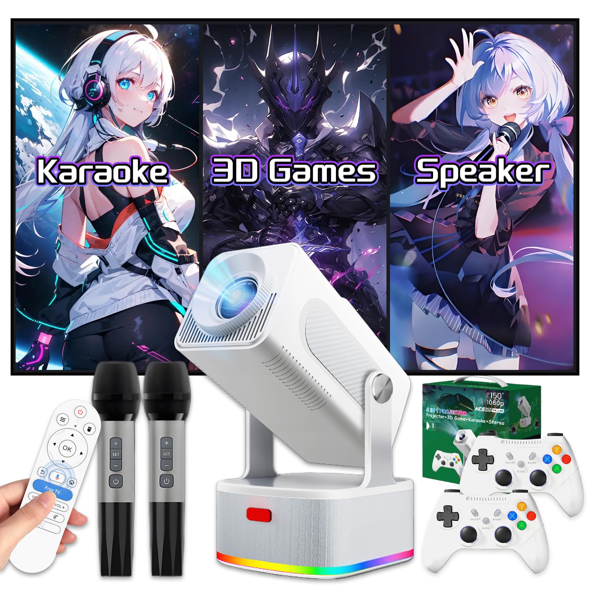 HCS350 PLUS Mini Proiettore 4K,20000 Giochi+Karaoke+Altoparlante 4 in 1 Proiettore Portatile con Telecomando Vocale/Microfono Ricaricabile,1920*1080P Videoproiettore,450 ANSI,Android 11,WiFi 6+BT 5.4