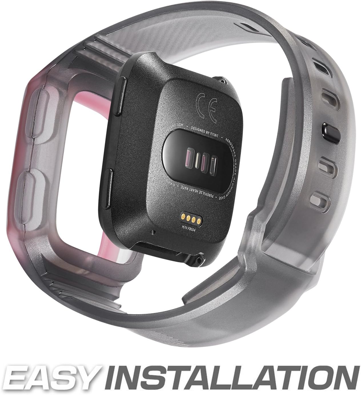 Shangpule Fitbit Versa Bands, Silicone Versa Rugged Wristband with Protective Case Frame, Anti-Impact Replacement Bands Quick Release Watch Bands Strap for Fitbit Versa (Translucent+ Pink)