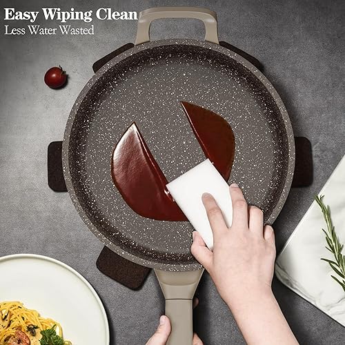Miniatura 6 de Juego de ollas y sartenes antiadherentes, juego de utensilios de cocina de inducción de granito marrón con asas que se mantienen frías, juego de