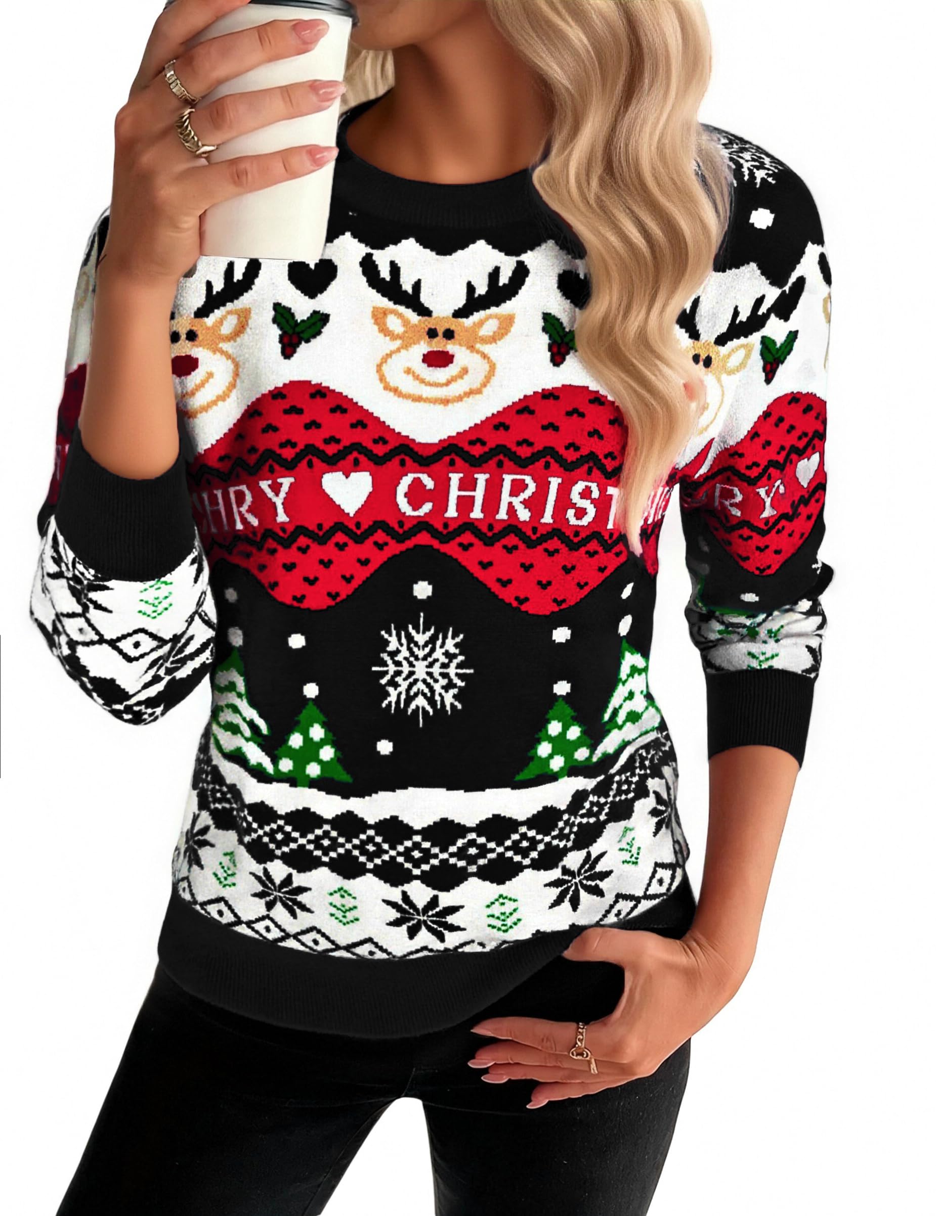 Bresdk Maglione Natalizio Donna Invernale Maglia Natale con Renna Neve Albero Pullover Girocollo Caldo per Madre, Moglie, Amici, Coppie, Festa Famiglia S-XXL