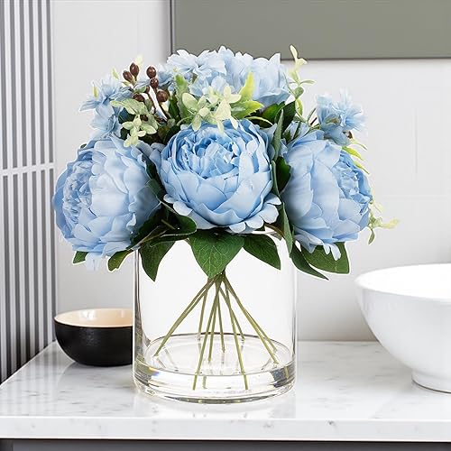 Miniatura 4 de ENOVA FLORAL Arreglo floral artificial con jarrón, mezcla de peonías artificiales de seda falsa en jarrón para decoración en casa, oficina, centro