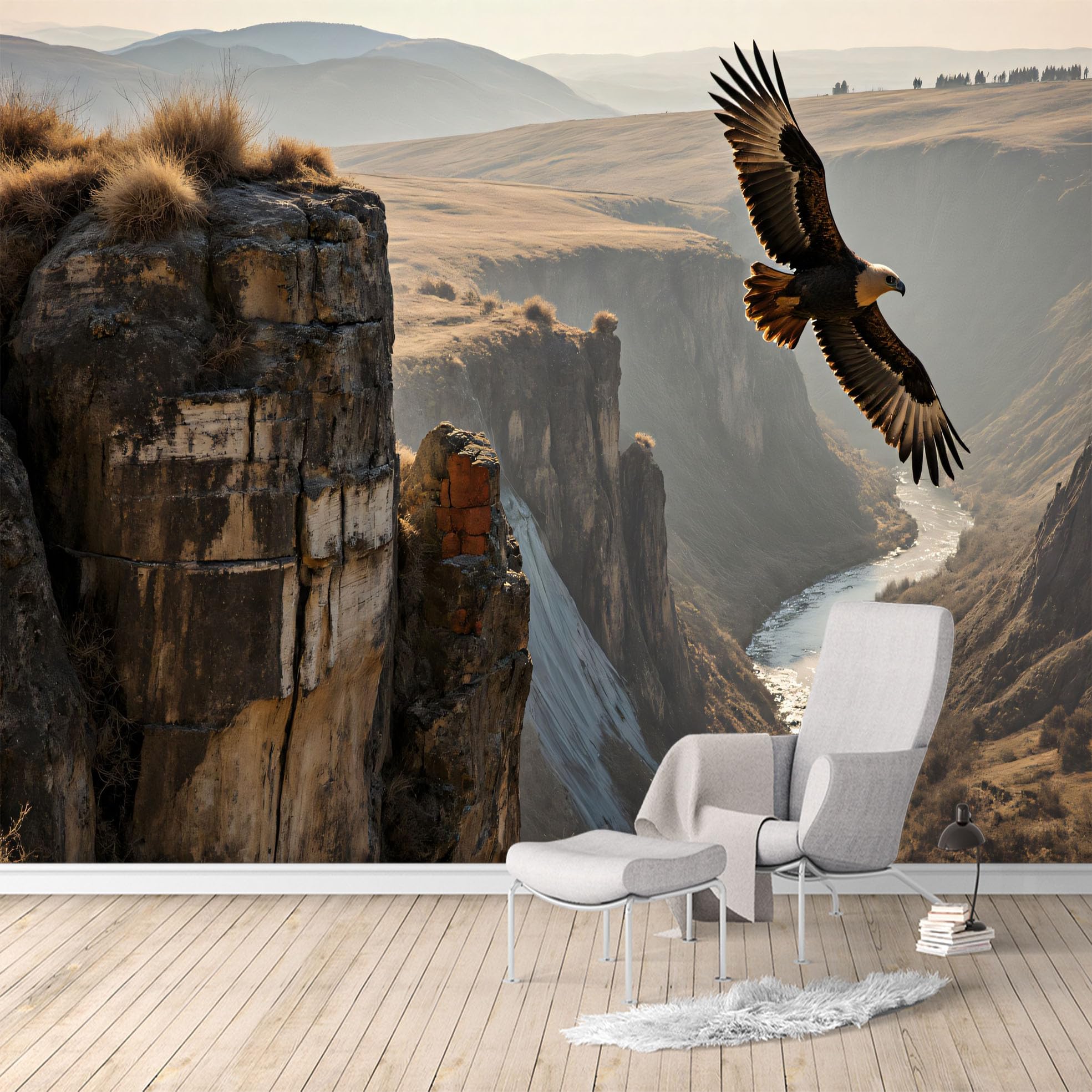Custom Size Wall Murals, Golden Eagle Soaring Over Canyon River, Removable Self Adhesive Large Wallpaper Mural for Living Room Bedroom Office Home Decor