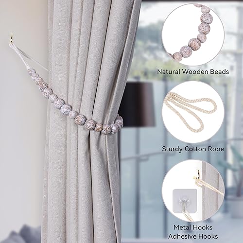 Miniatura 5 de Alzapaños de cortina de cuentas de madera, juego de 6 alzapaños de cortina KLOGTSIND para cortinas finas o gruesas, alzapaños de cortina estilo
