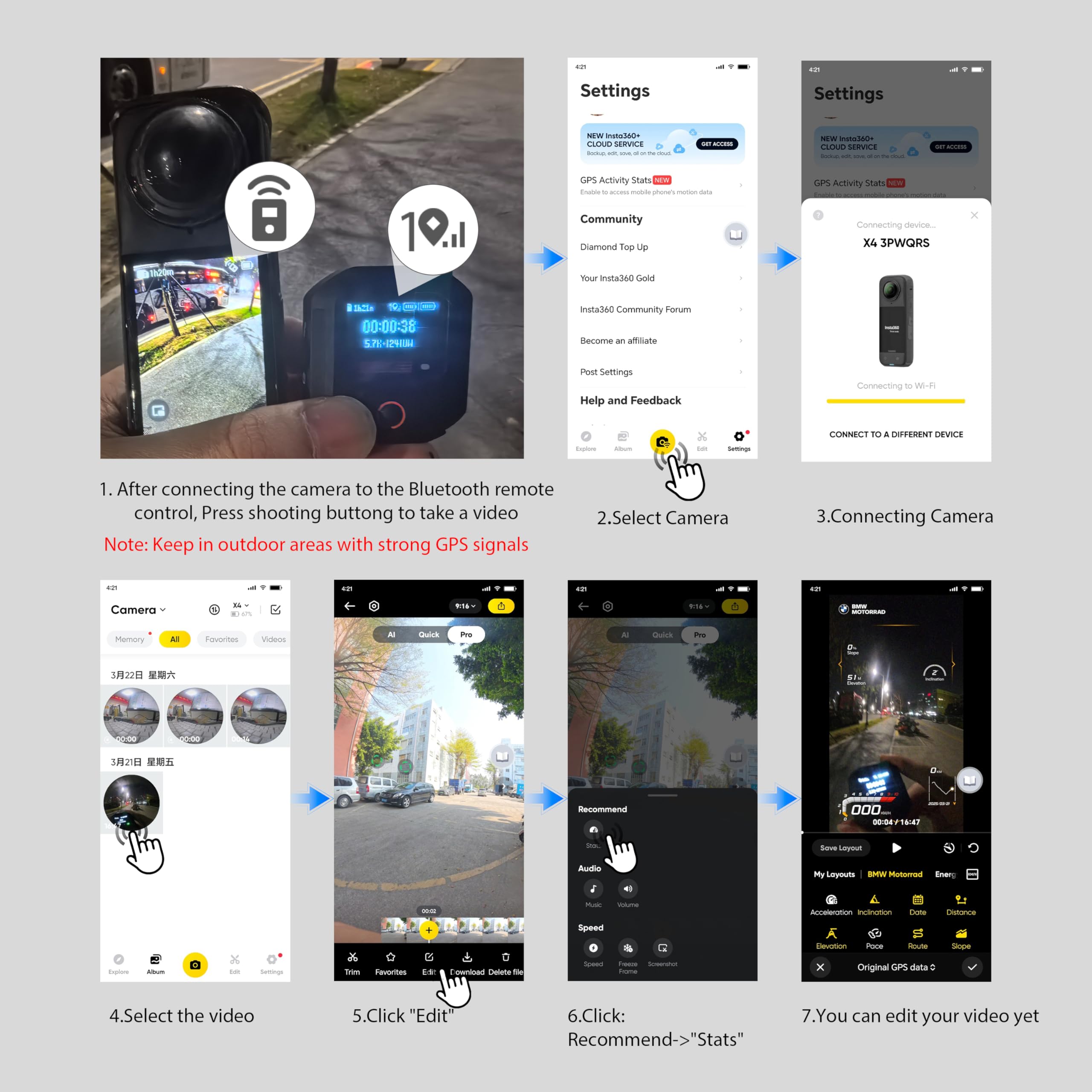 Control remoto GPS pour Insta360 X5 / X4 / X4 Air X3 / Go 3S / ACE Pro 2 / ACE Pro/One X2 Cámaras Accesorios de acción inteligentes de Rango 25M