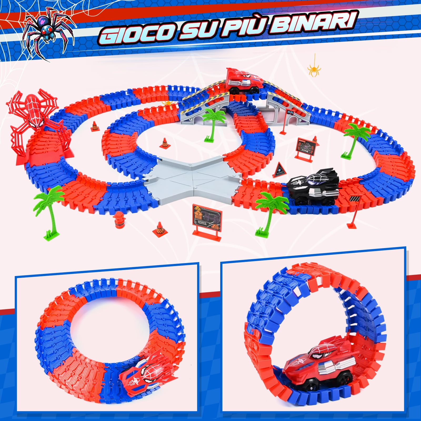PATEMZON Circuit Voiture Enfant, Spider Railcar, Jouet de Circuit Automobile avec 2 Voitures, 208 PCS de Piste de Course de Voitures, Jouets de Course Circuit pour Enfants de 3 4 5 Ans
